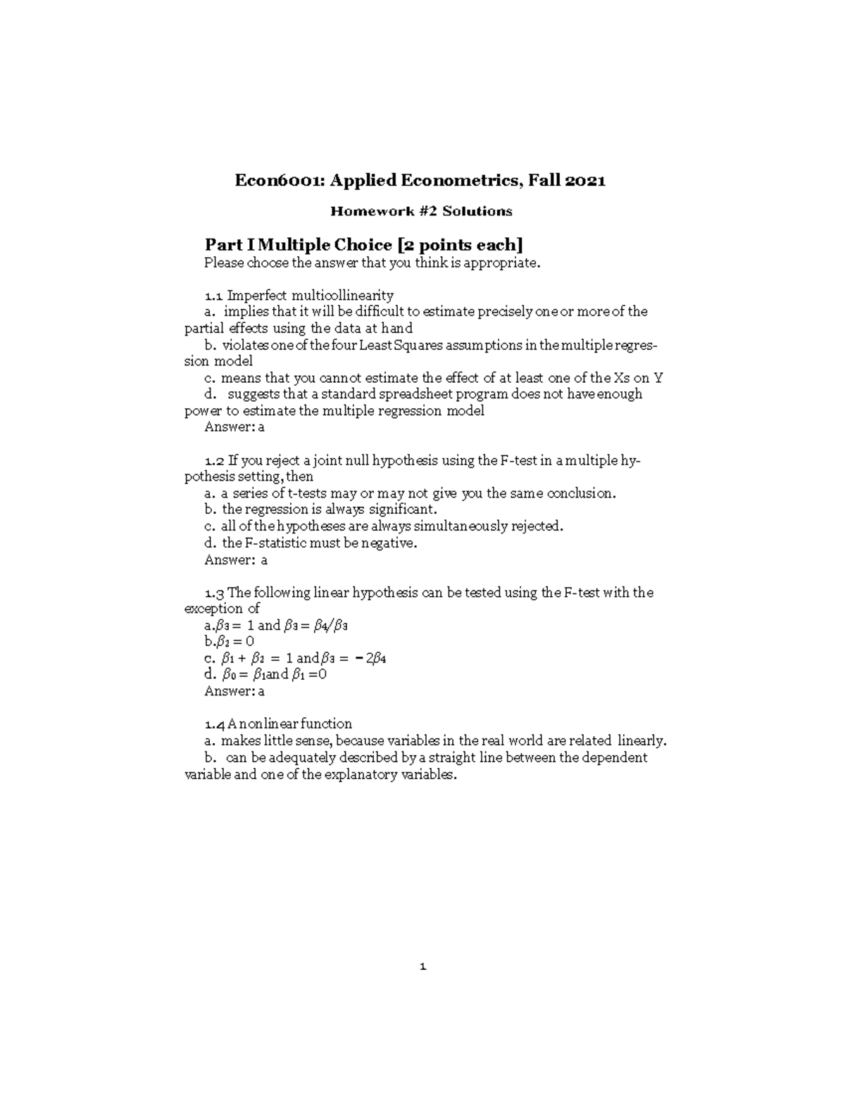 Econ6001: Applied Econometrics Homework #2 Solutions and Analysis - Studocu
