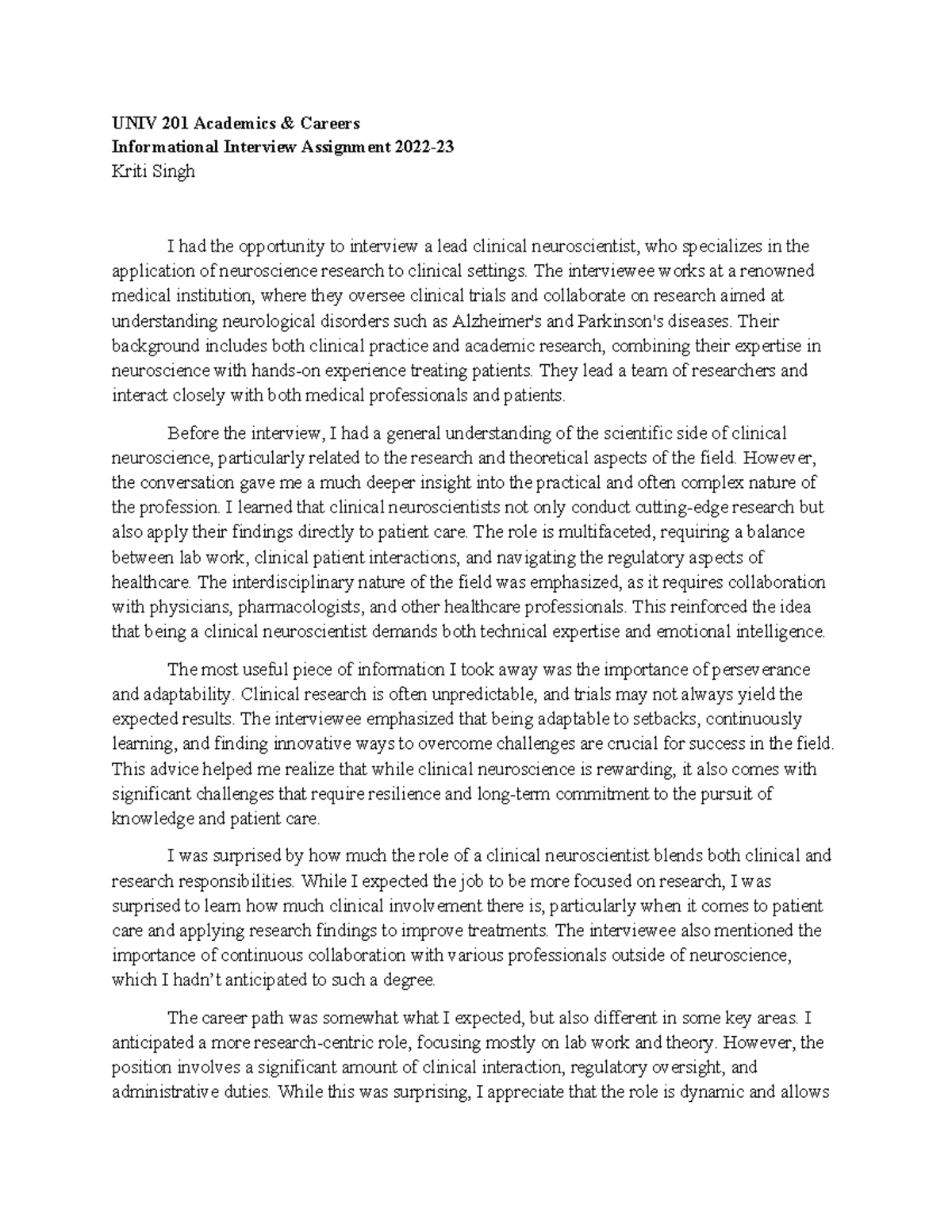 UNIV 201 Informational interview assignment on clinical neuroscience ...