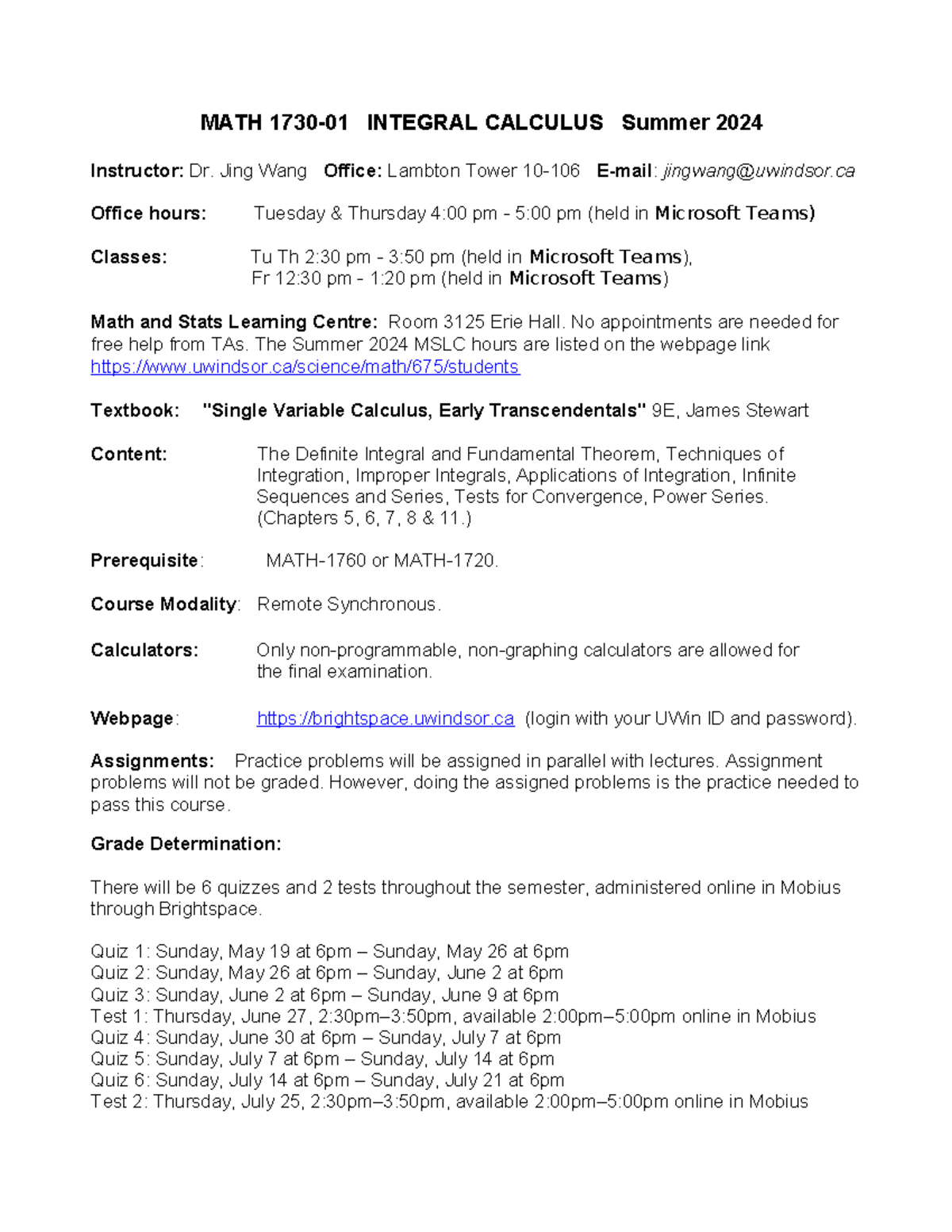 MATH 1730-01Outline(Summer 2024)-2 - MATH 1730-01 INTEGRAL CALCULUS ...
