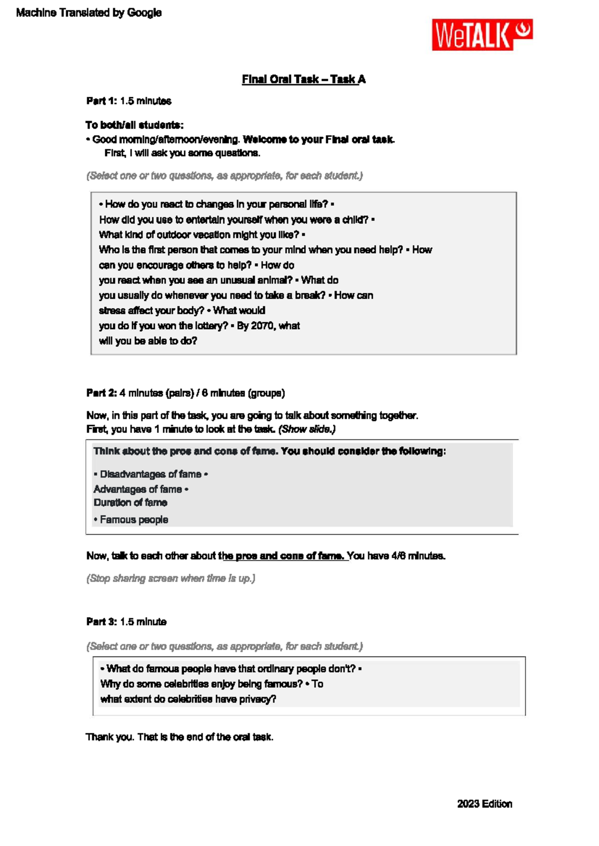 Ingles 5 WeTALK - Final Oral Task Notes - Studocu