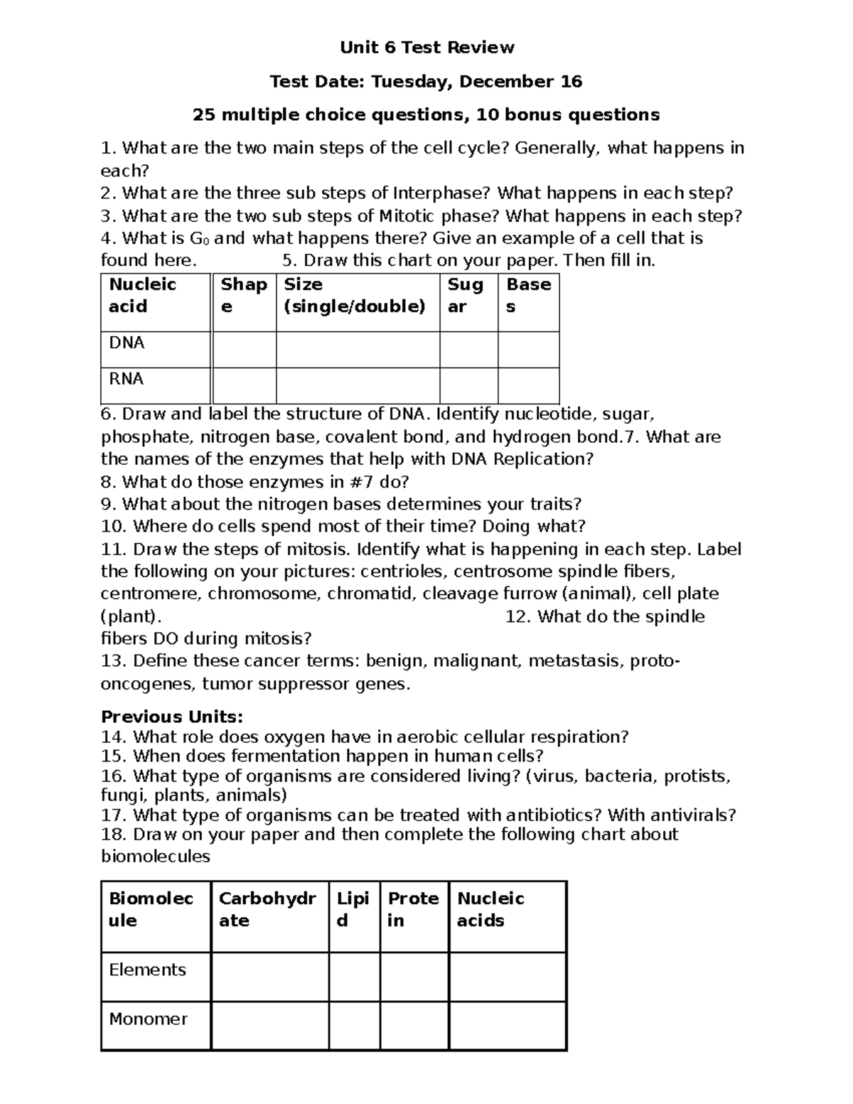 Unit 6 Test Review - Cell Cycle, Mitosis & Cancer Concepts - Studocu