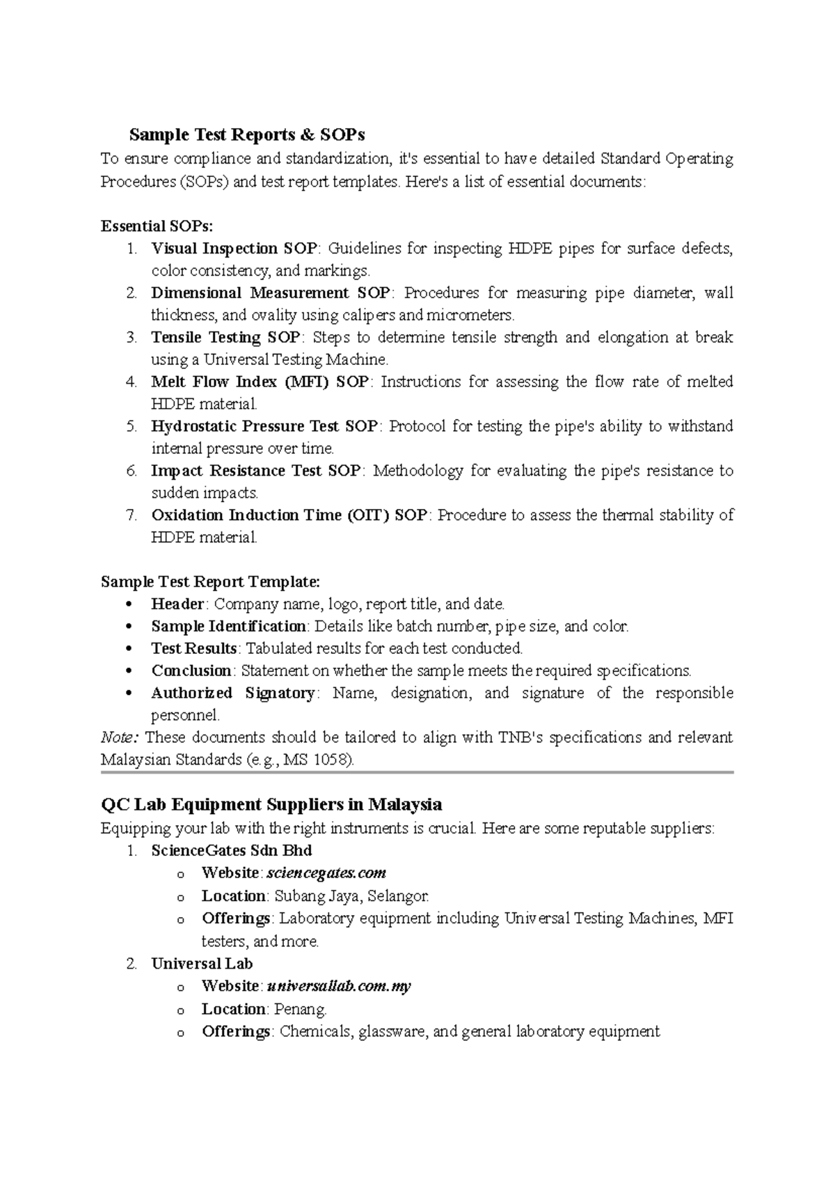 Sample Test Reports SOPs for HDPE Compliance and Standardization - Studocu
