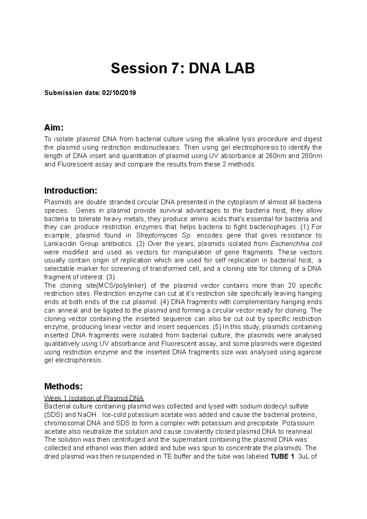BIOL1181 & ONPS2340 Session 7: Plasmid DNA Isolation & Analysis - Studocu