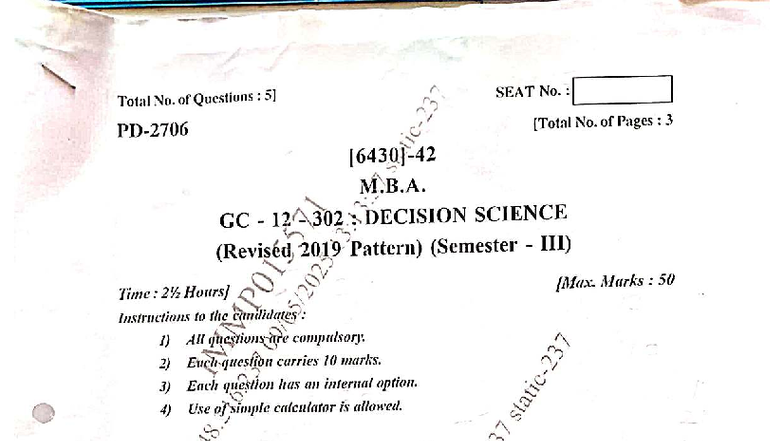 M.B.A. GC 12f SCIENCE (Sem III) Final Exam Question Paper - Studocu