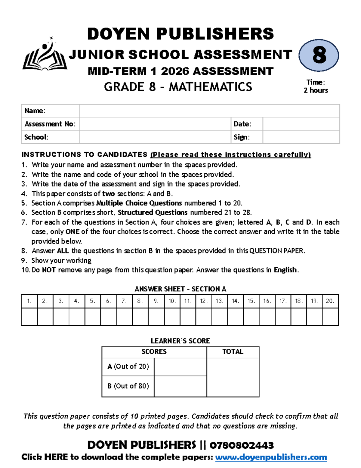 Grade 8 Mathematics Mid-Term I 2026 Assessment Paper - Studocu