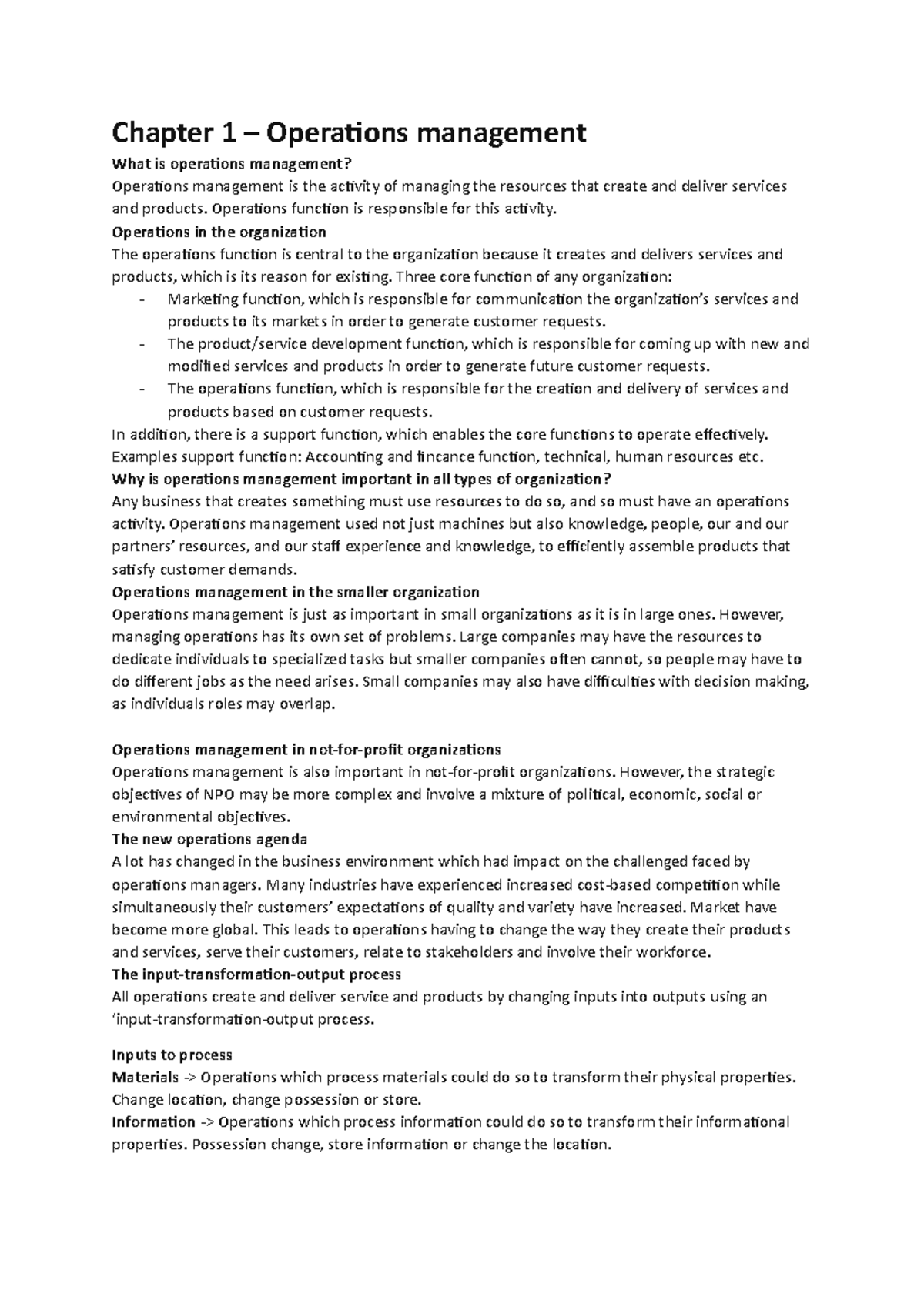 Operations management chapter 1 & 2 - Chapter 1 Operations management ...