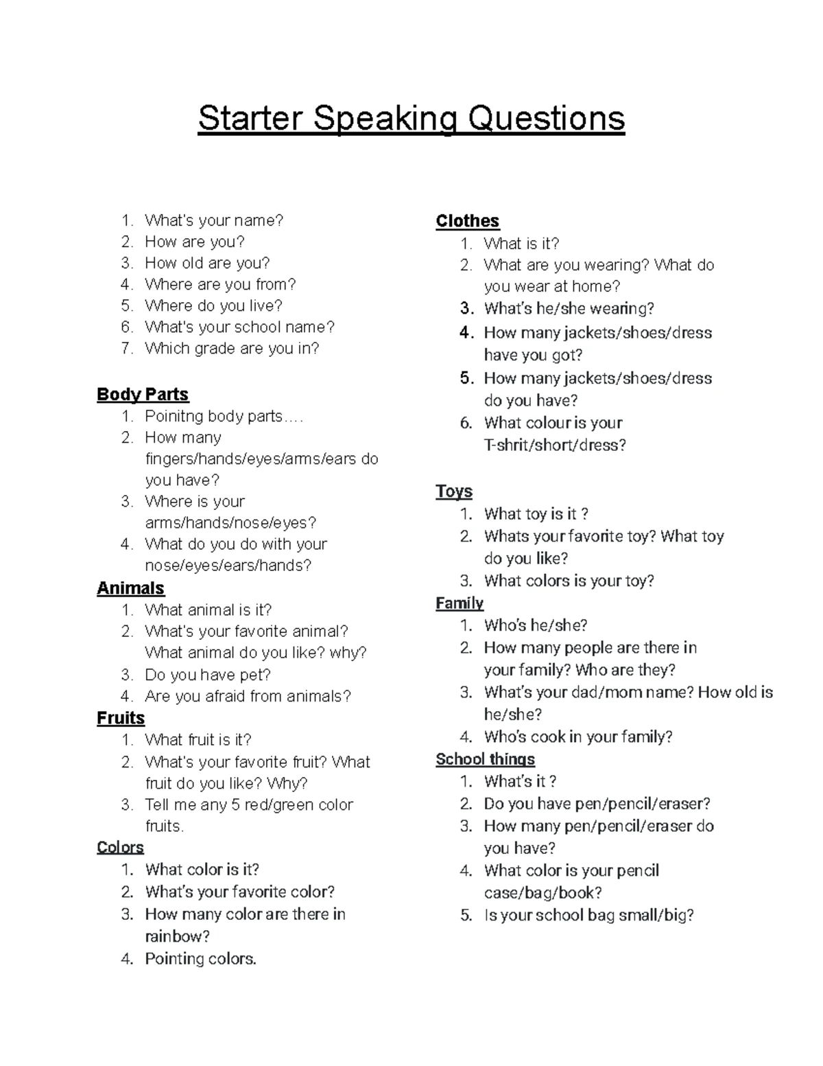 Starter Questions for English Language Learners (ELL) - Studocu