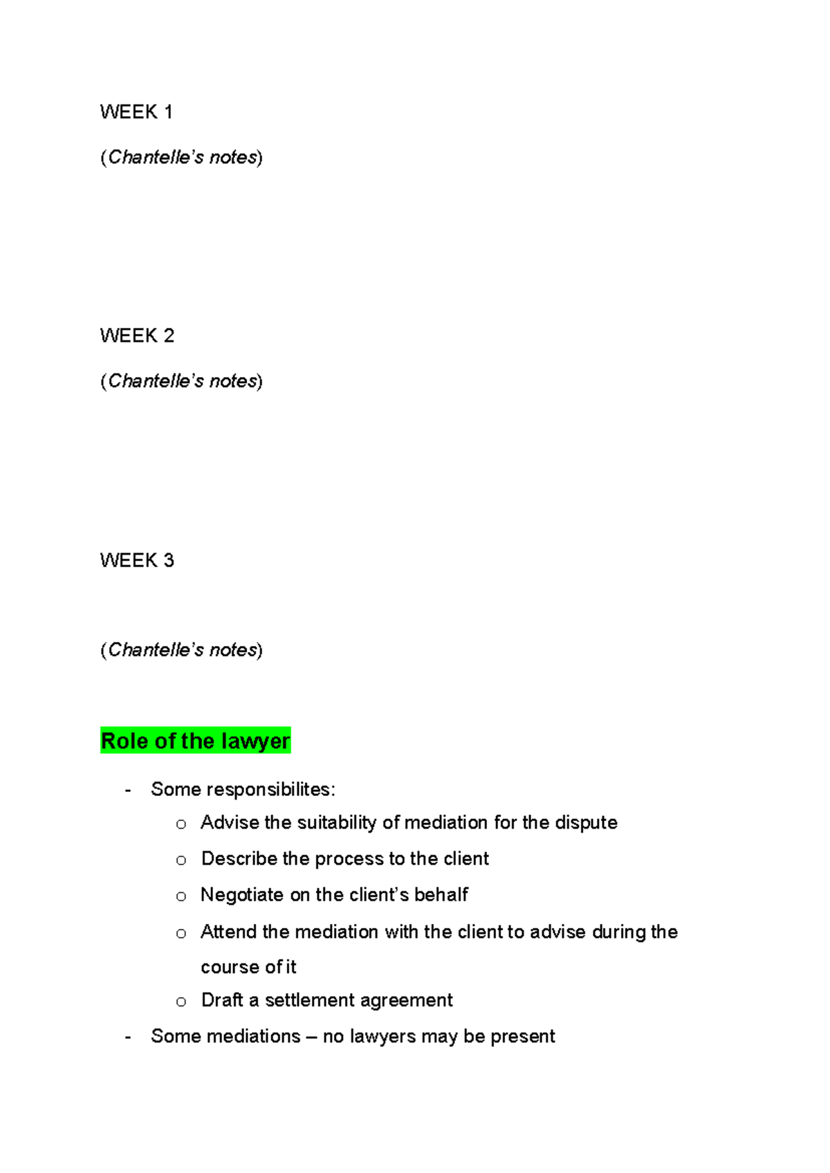 LAW 101: Lecture & Reading Notes on Lawyer's Role in Mediation - Studocu