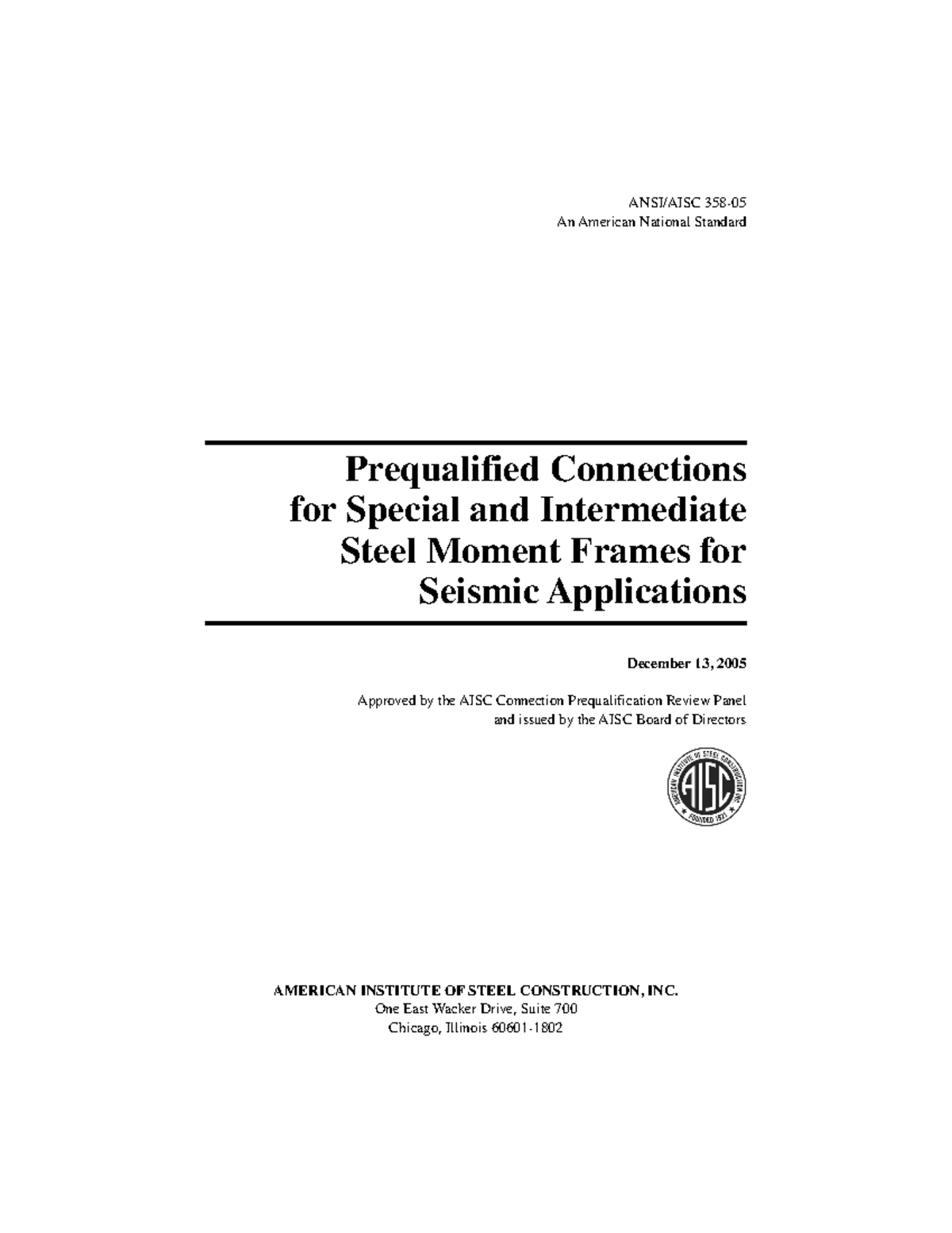 AISC Connection Prequalification for Steel Moment Frames - 2005