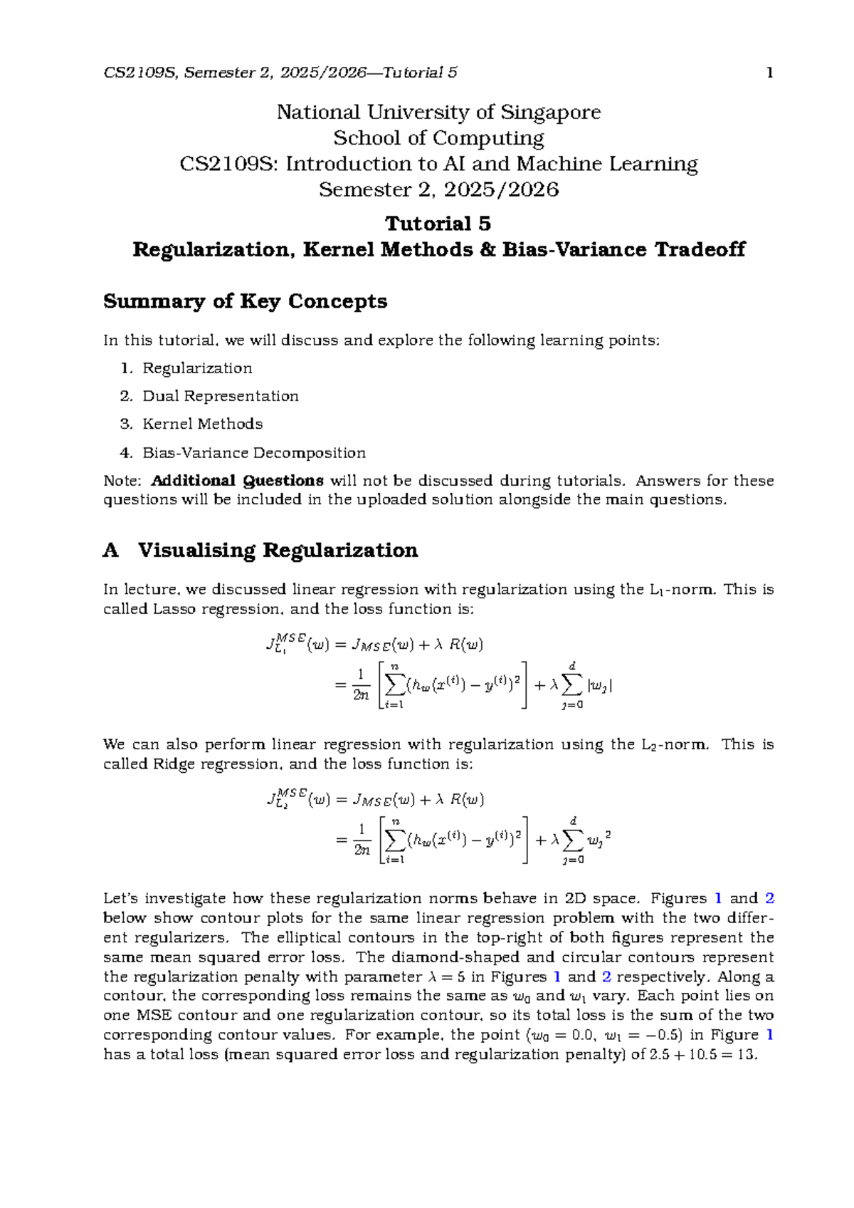 CS2109S: Tutorial 5 - Regularization & Kernel Methods Summary - Studocu