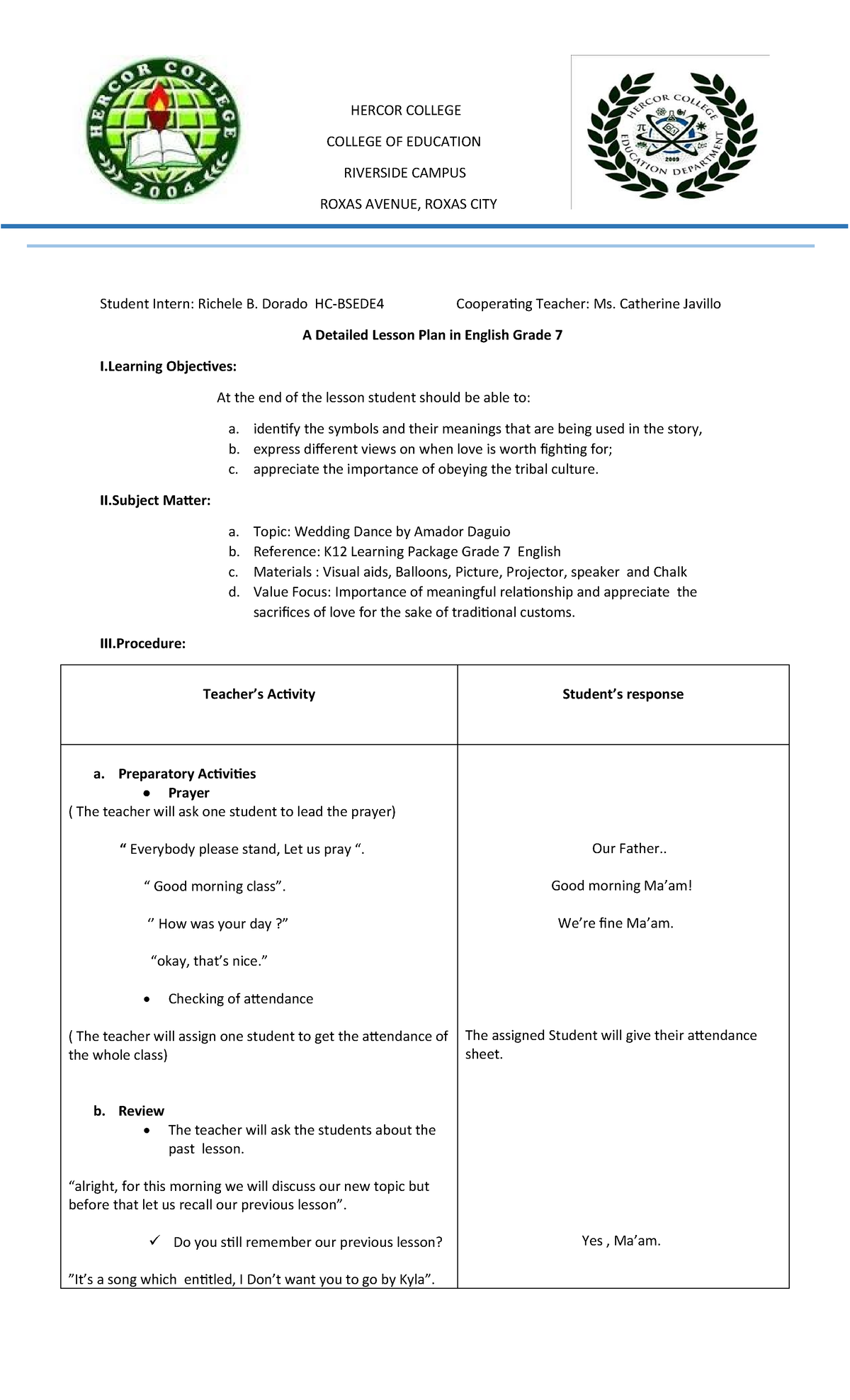 Detailed Lesson Plan: Wedding Dance (Grade 7 English) - Studocu