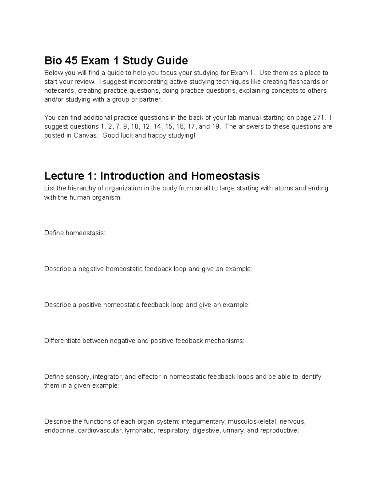 Bio 45 Exam 1 Study Guide: Key Concepts & Study Techniques - Studocu