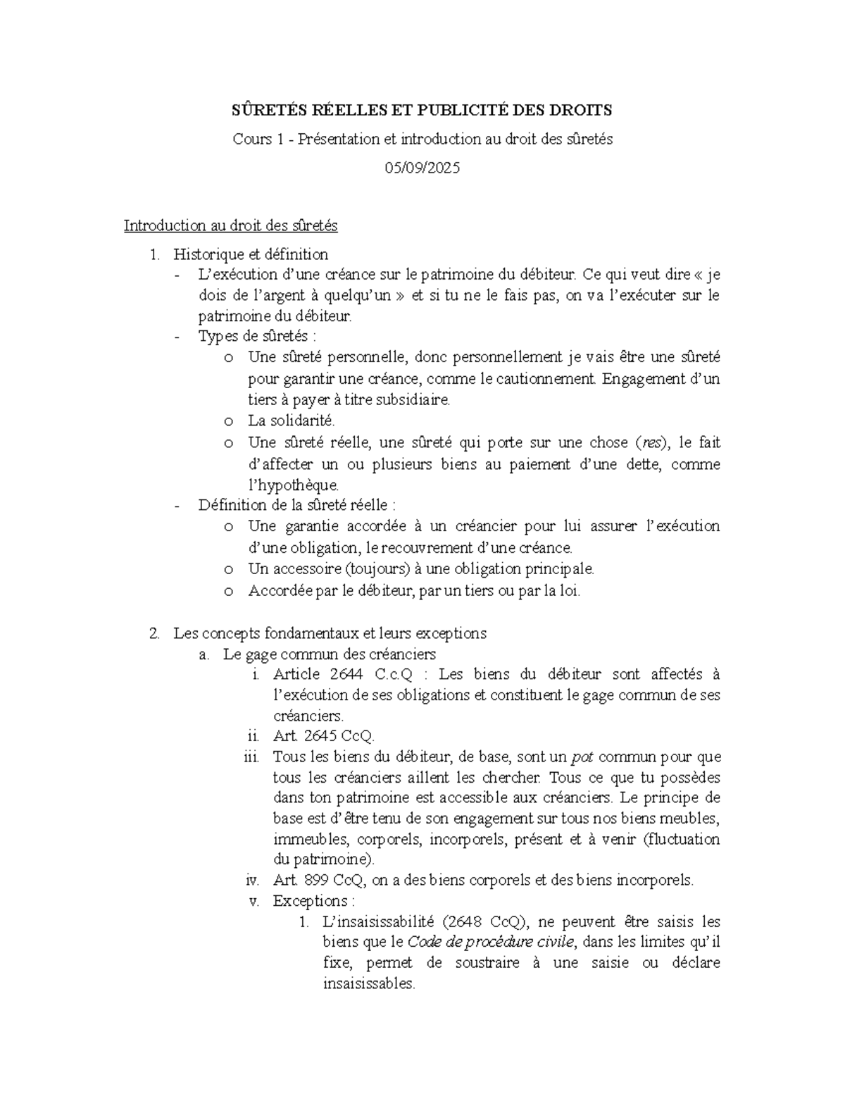 Cours 1 - Introduction au Droit des Sûretés et Concepts Fondamentaux ...