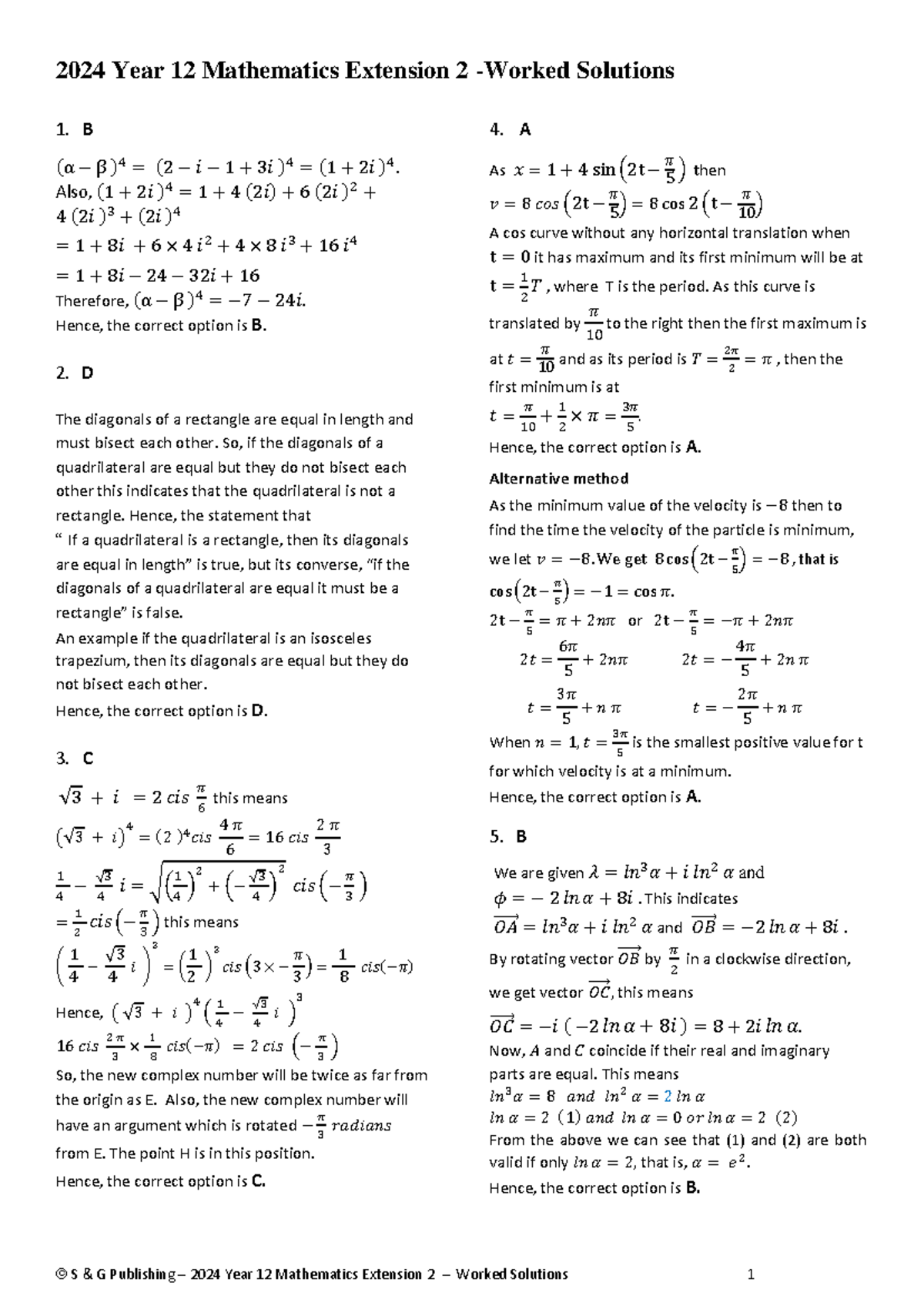 2024 Year 12 Mathematics Extension 2 Worked Solutions - Studocu