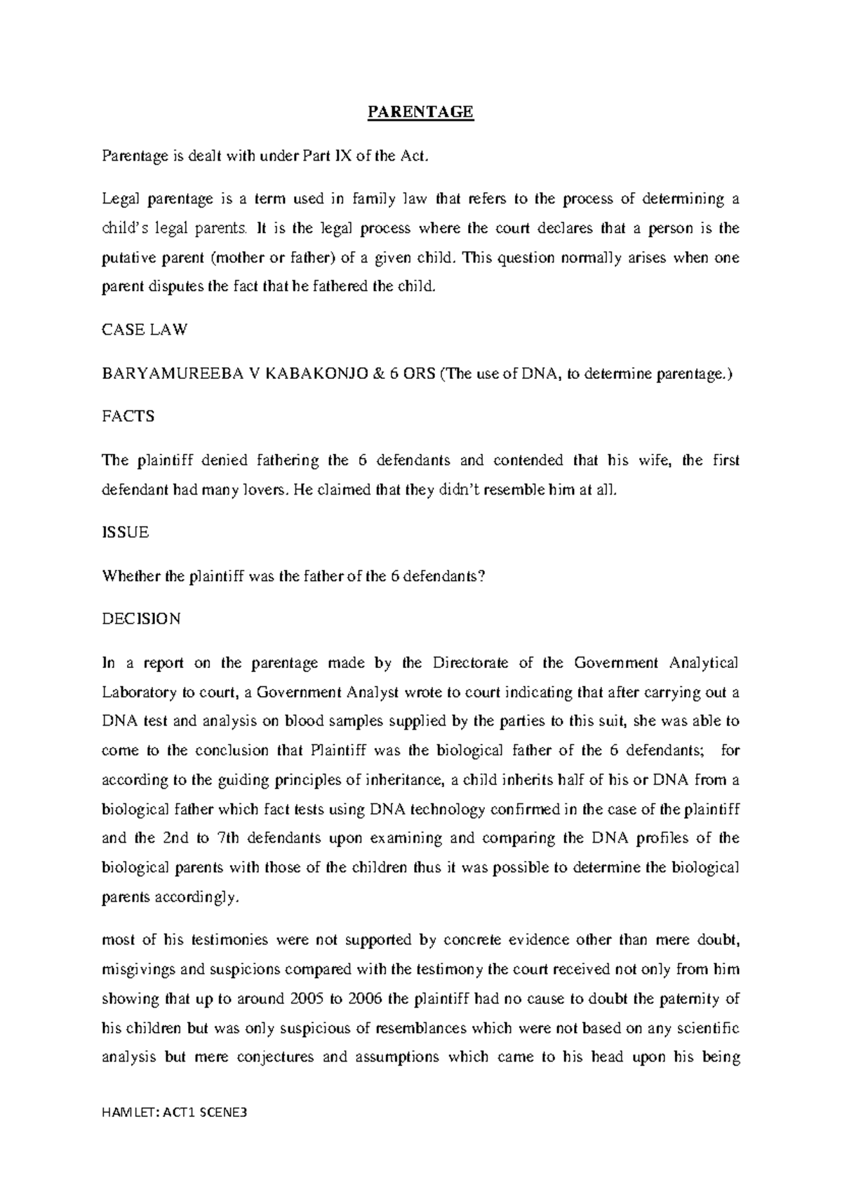 Legal Parentage Analysis - PARENTAGE LAW (Law Book) - Studocu