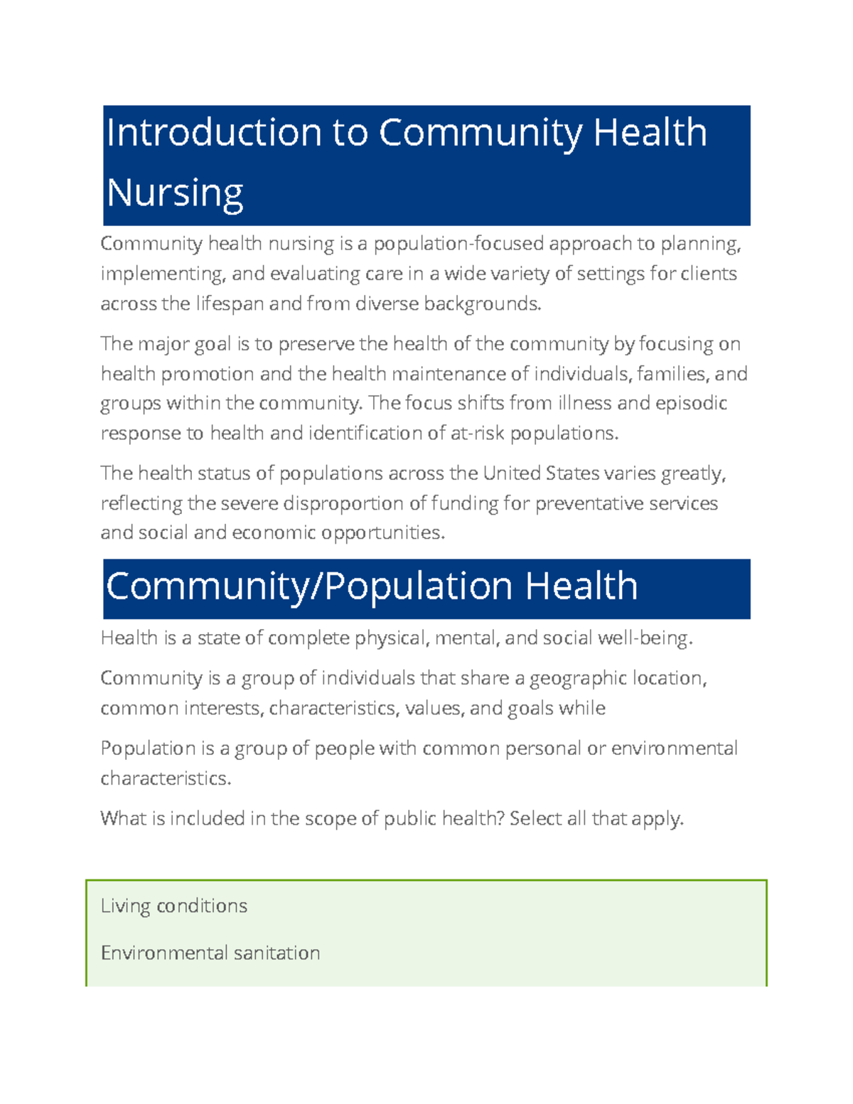 NR 442 Week 1 - Introduction to Community Health Nursing Concepts - Studocu