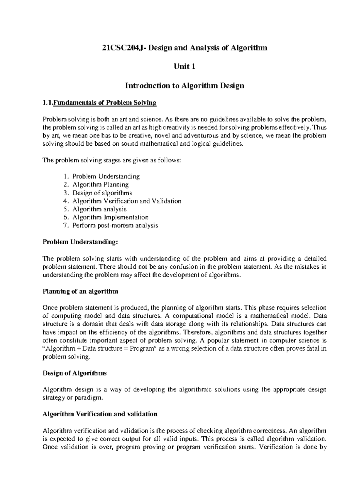 Design and Analysis of Algorithms: Unit 1 Notes - Studocu