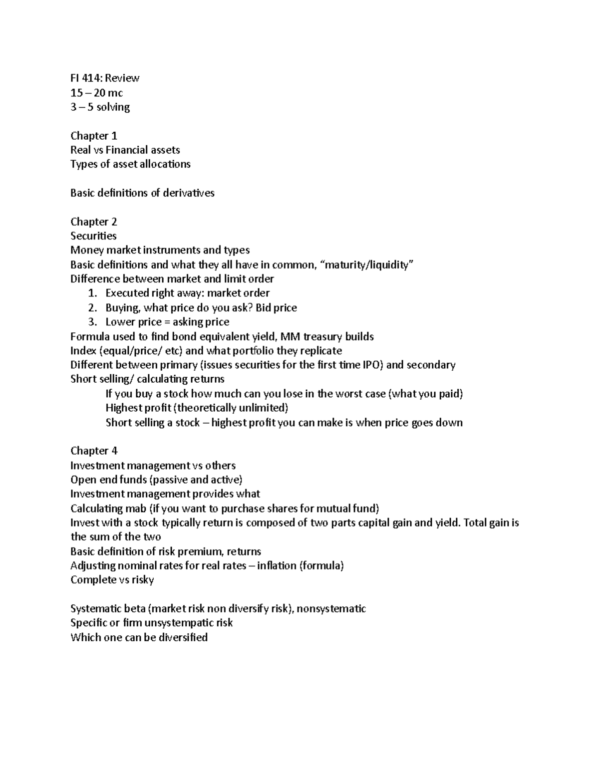 FI 414 Review - n/a - FI 414: Review 15 – 20 mc 3 – 5 solving Chapter 1 ...