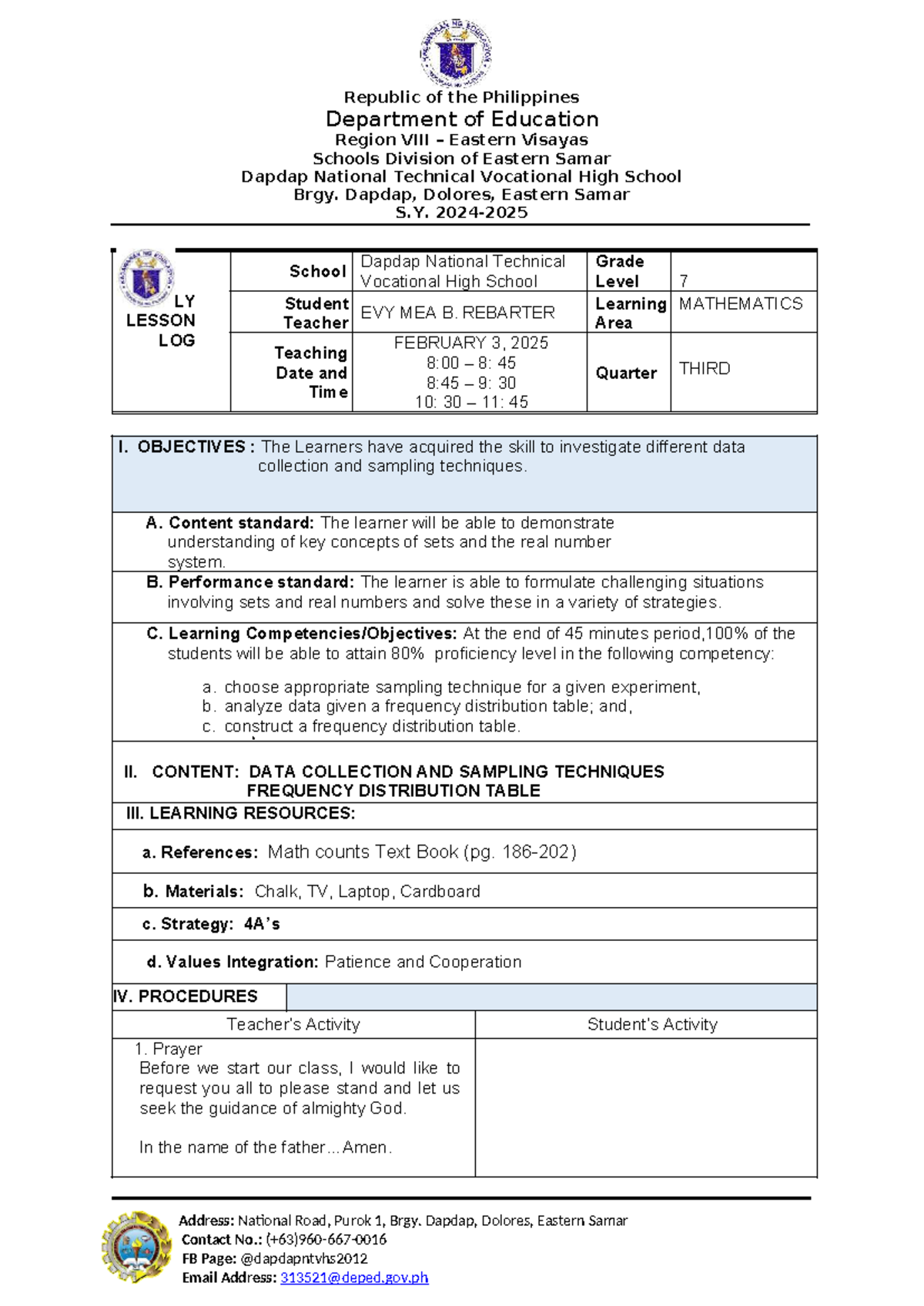 Mathematics Lesson Plan for Grade 7: Data Collection & Sampling ...