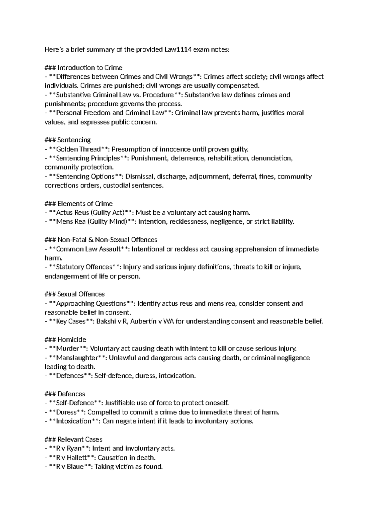 Law1114 Criminal Law Final Exam Notes: Key Concepts and Cases - Studocu