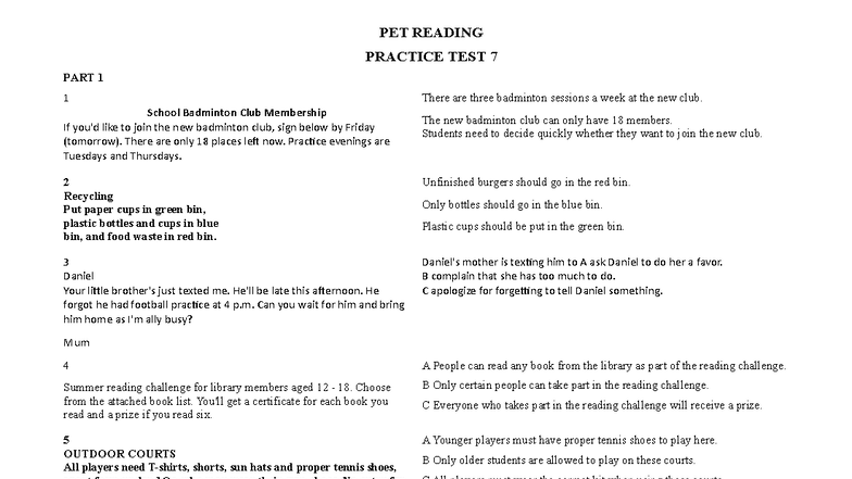 PET READING PRACTICE TEST 7 - PART 1 & 2 - Studocu