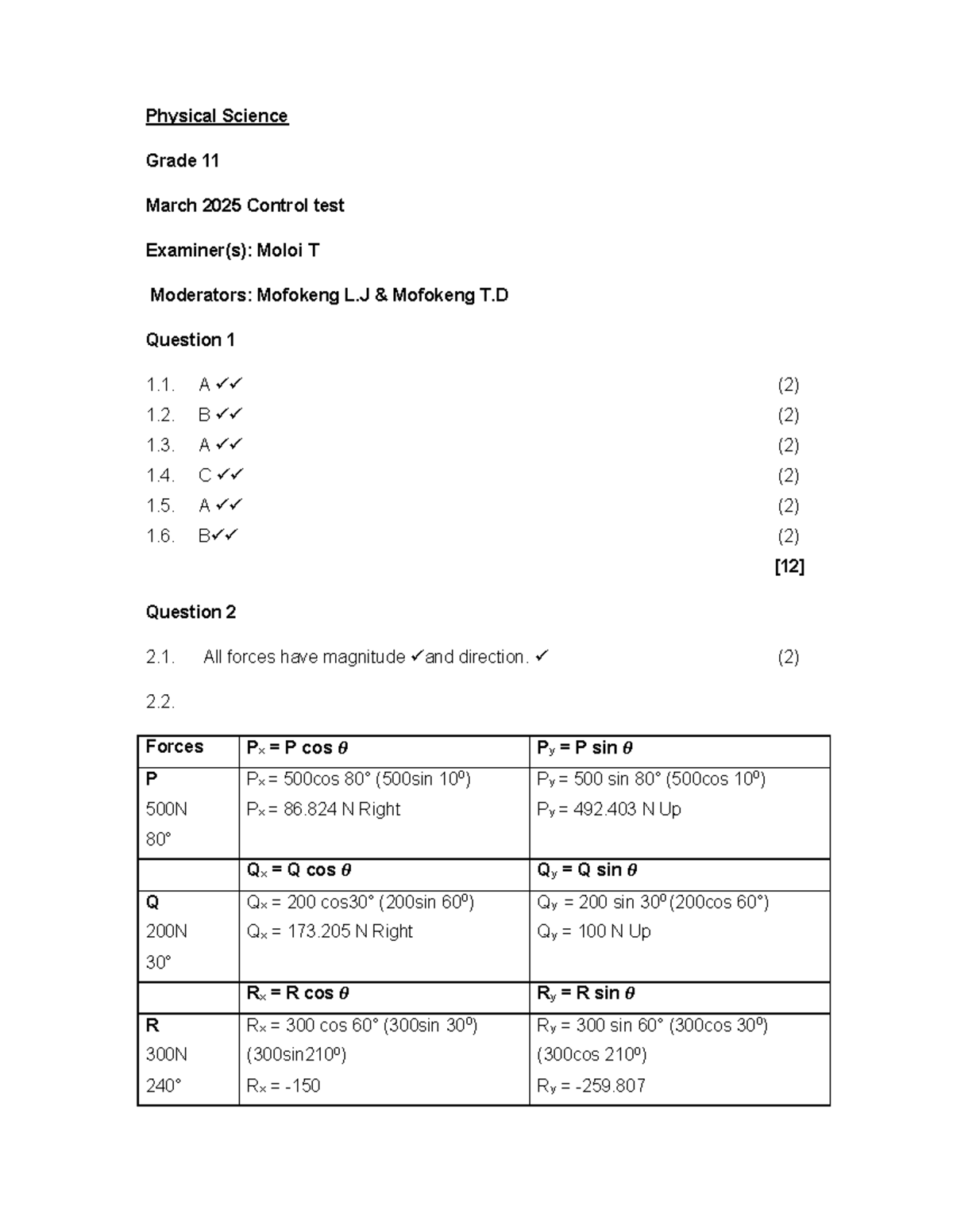 SW March Test 2025 Memo - Grade 11 Physics Control Test Answers - Studocu