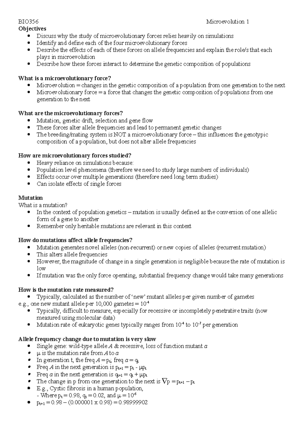 Lecture 10 Microevolution 1 - BIO356 Microevolution 1 Objectives ...