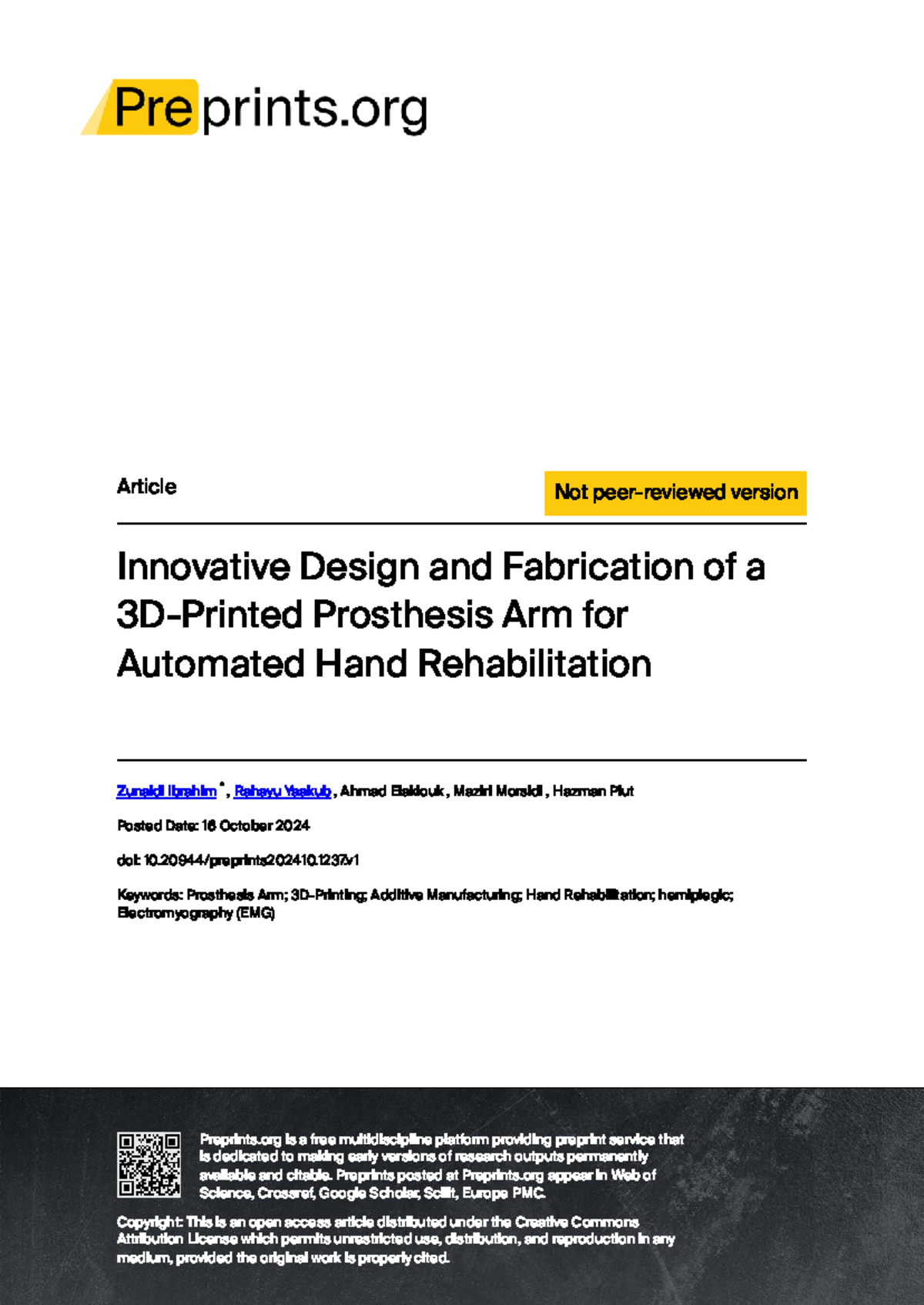 Innovative Design & Fabrication of Prosthetic Arm for Automated Rehab ...