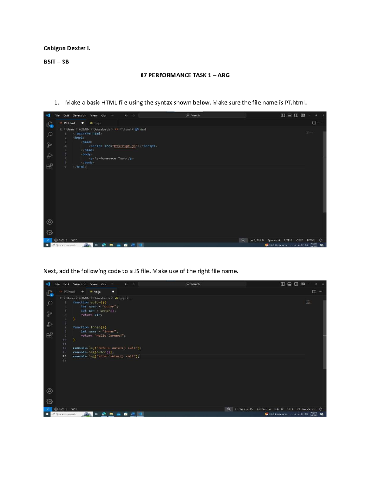 Cabigon Dexter I. BSIT 3B 07 Performance Task 1: HTML & JS Debugging ...
