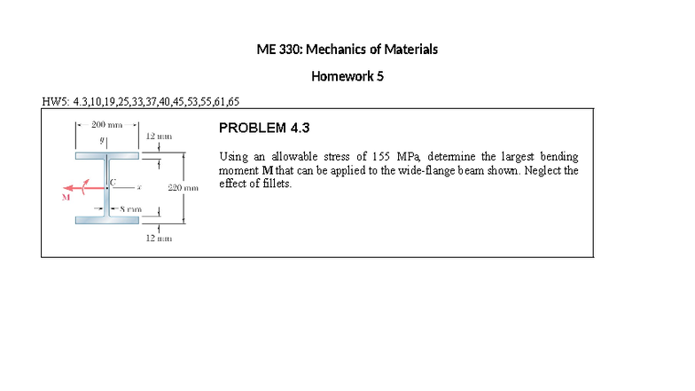 ME 330: Mechanics of Materials Homework 5 Solutions for Problems 4.3-4. ...