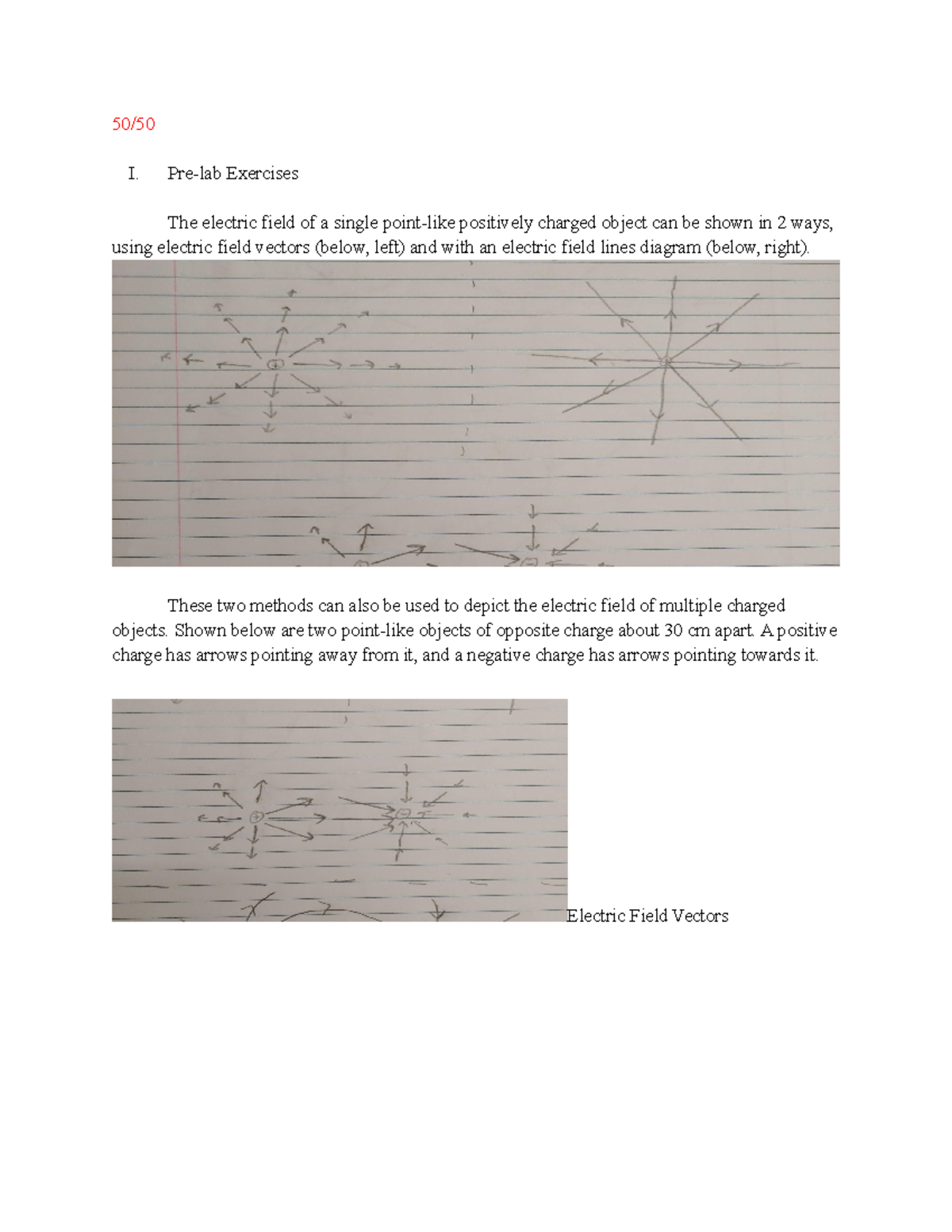 Lab 2 Electric Field Investigation - 50/ I. Pre-lab Exercises The ...