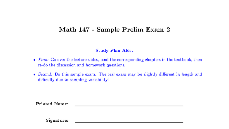 Math 147 Sample Prelim Exam 2 Solutions and Study Guide - Studocu