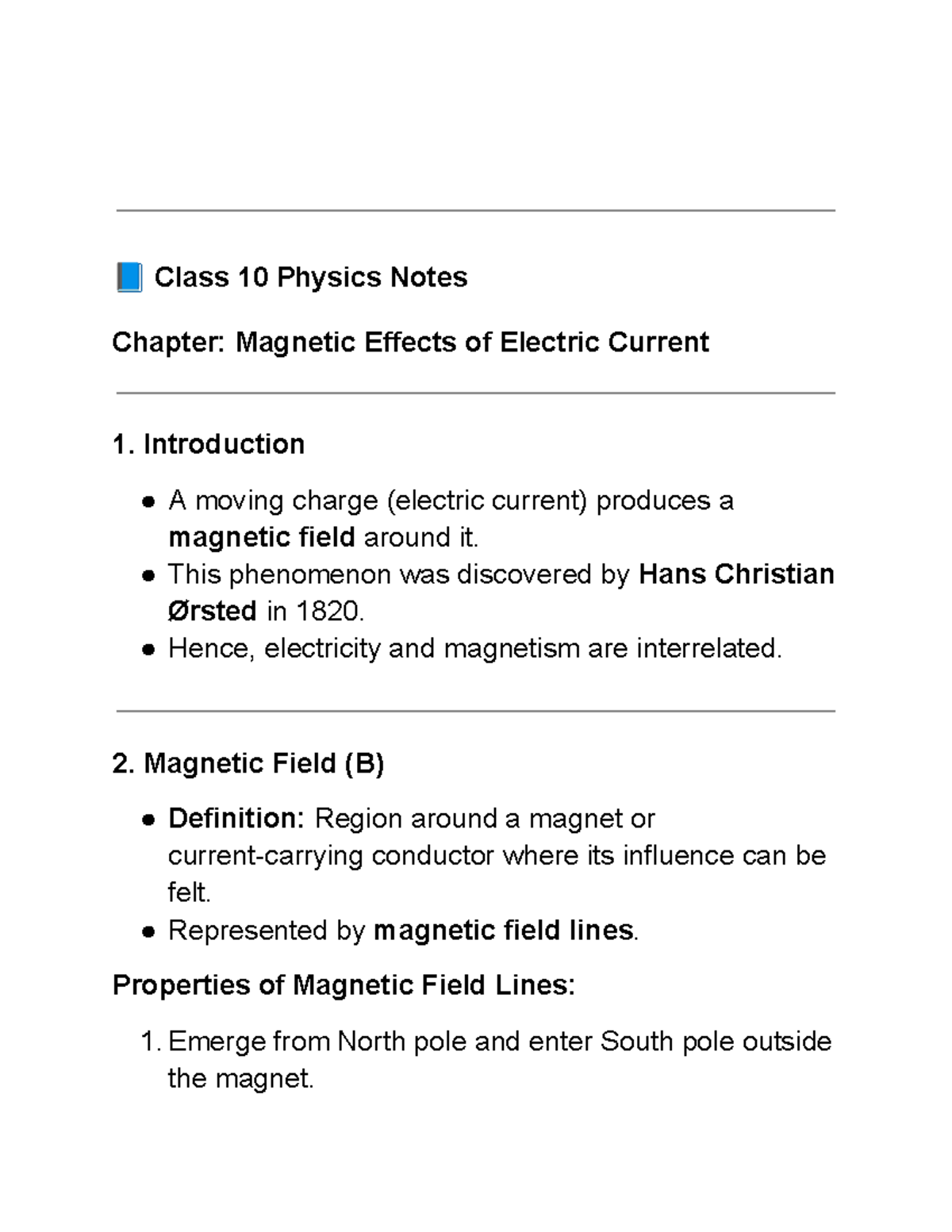 Class 10 Physics Notes: Magnetic Effects of Electric Current - Studocu