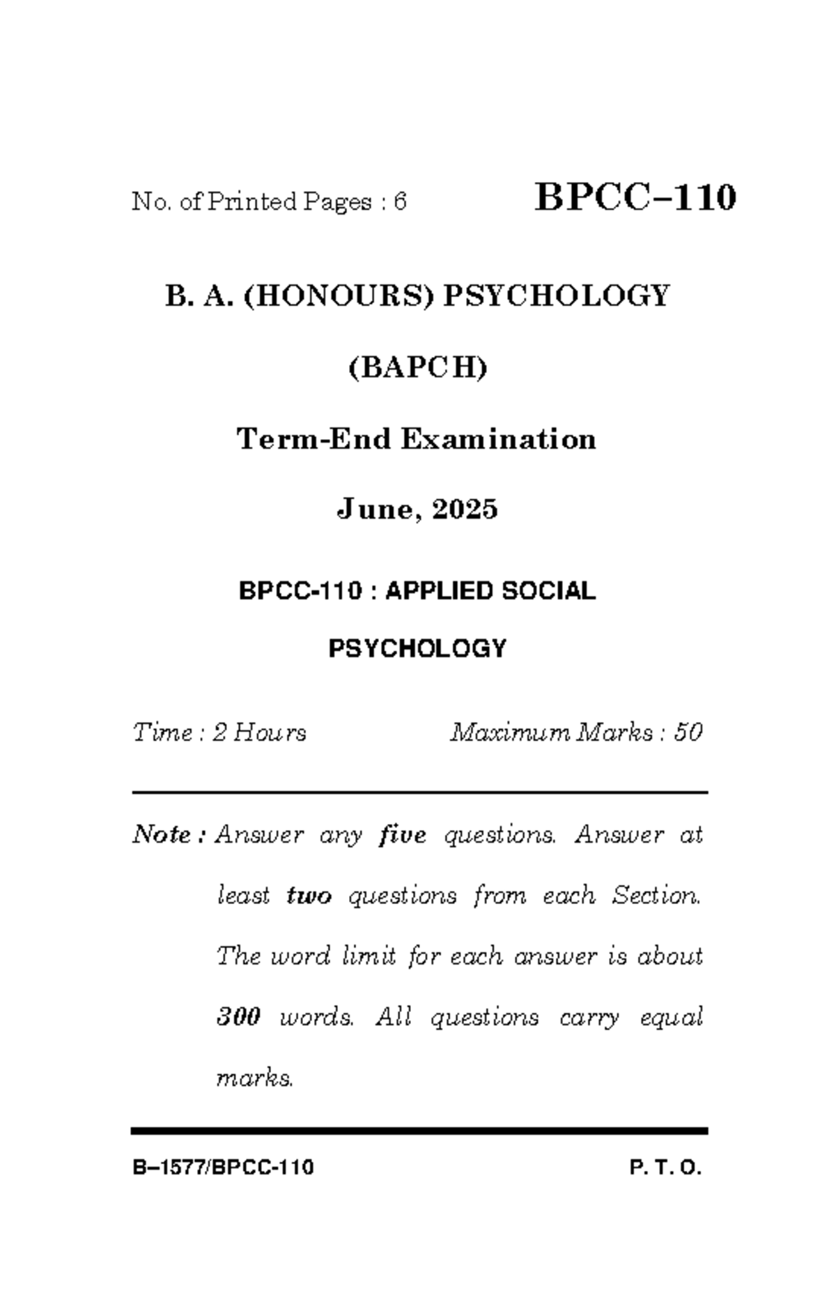 BPCC-110 - Applied Social Psychology Exam Paper June 2025 - Studocu