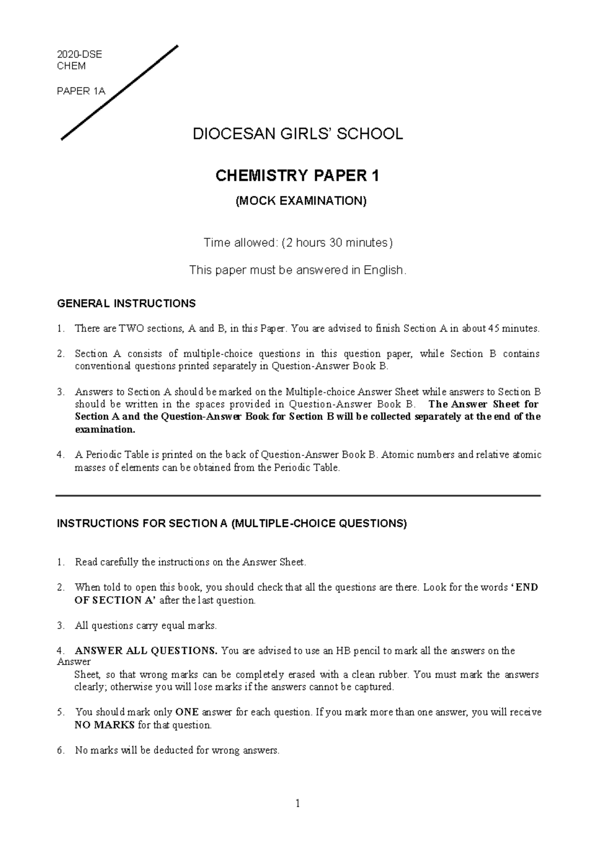 DGS S6 1920 CHEMISTRY PAPER 1A MOCK EXAMINATION - Studocu