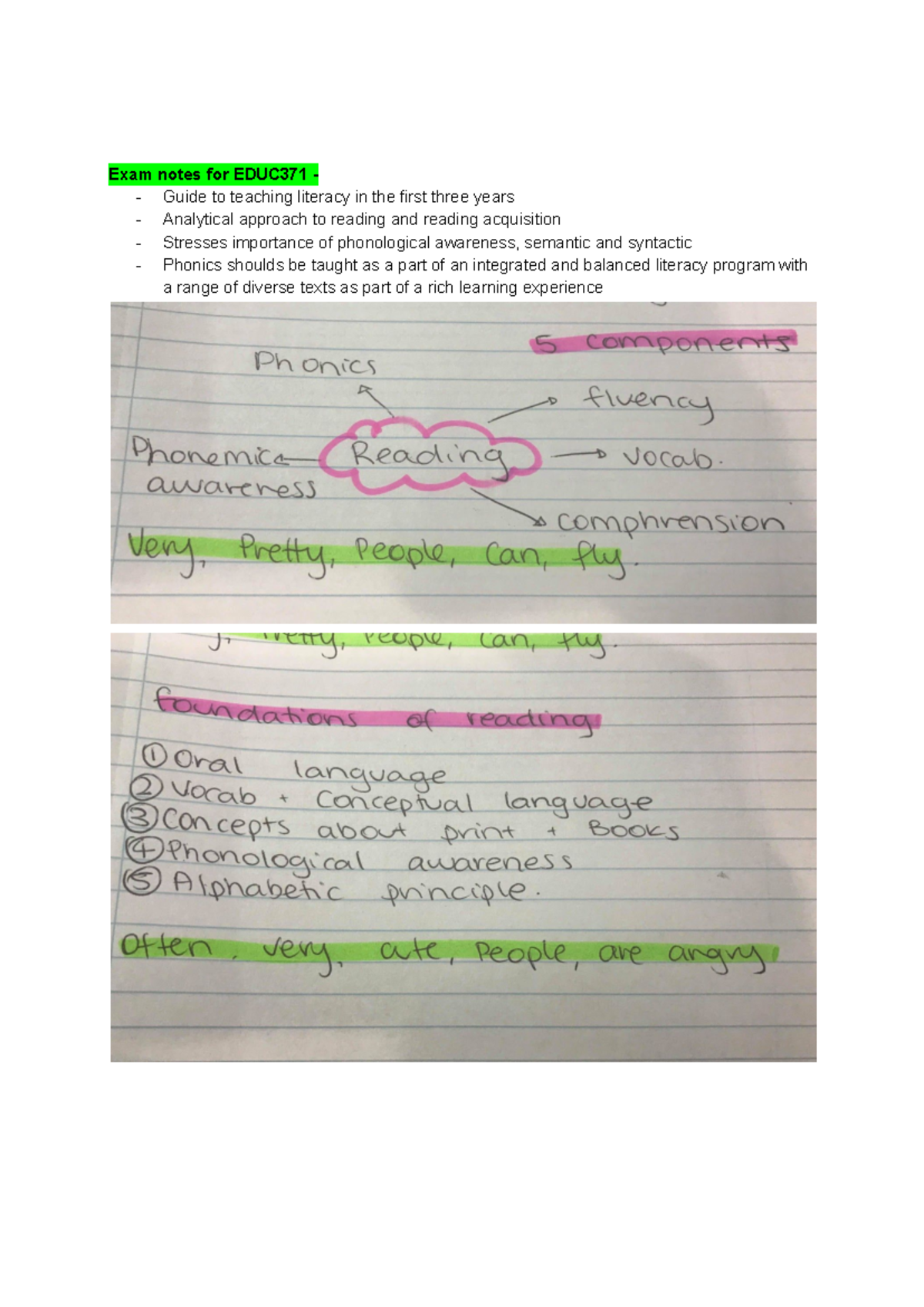 Exam notes 371 - Exam notes for EDUC371 - Guide to teaching literacy in ...