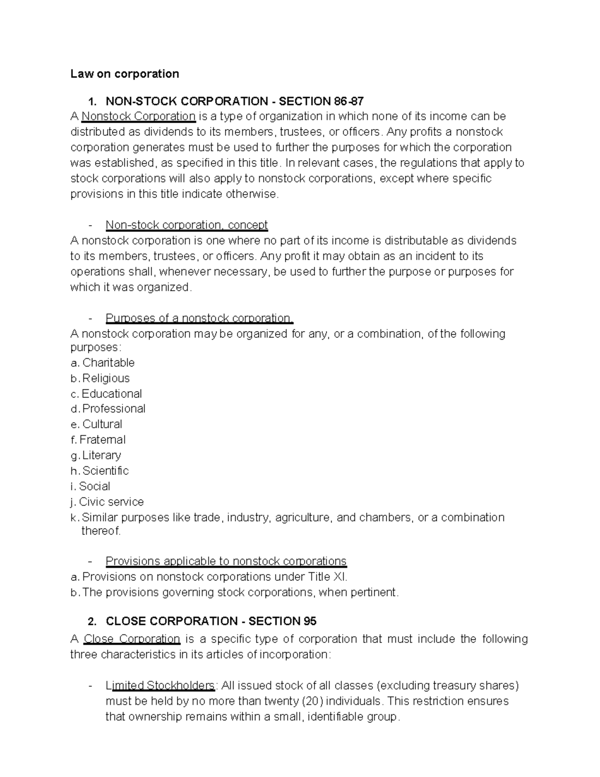 Quiz 3 & 4 Notes on Corporation Law (LAW 101) - Studocu