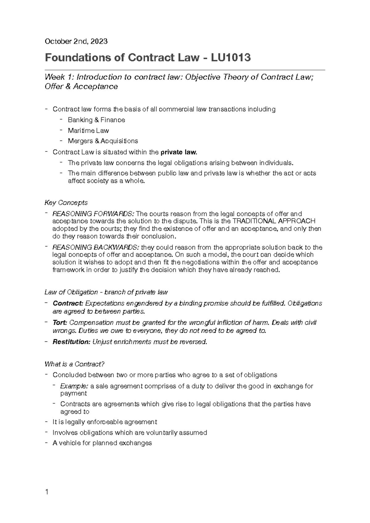Lecture notes - Foundations of Contract Law - LU Week 1: Introduction ...