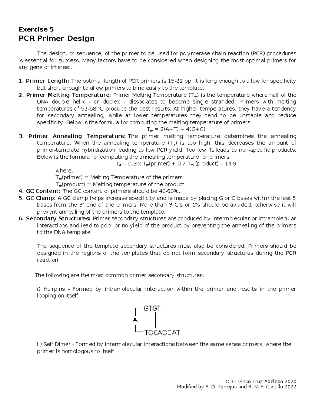 Exercise 5C: PCR Primer Design Guidelines and Methodology - Studocu