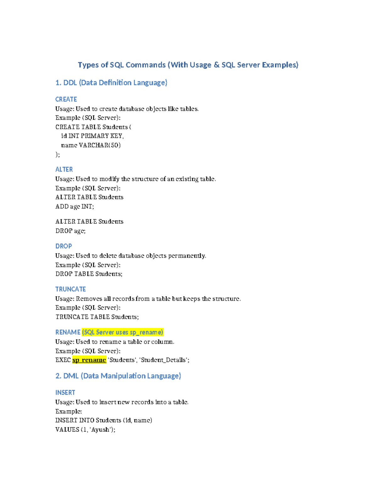 Types of SQL Commands (DDL, DML, DQL, DCL) - SQL Server Guide - Studocu