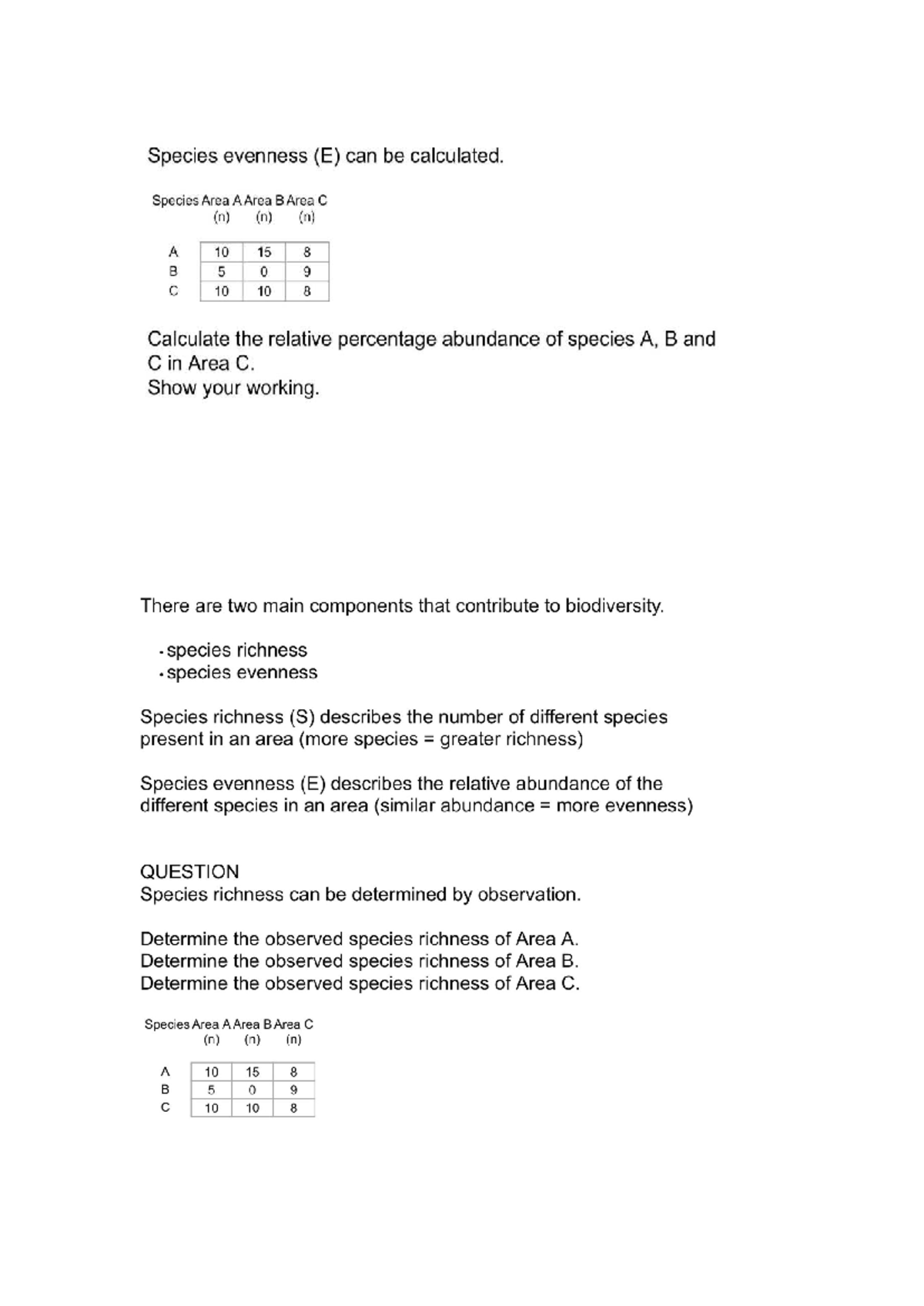 Biology 101: Species Richness and Evenness Calculations Questions - Studocu