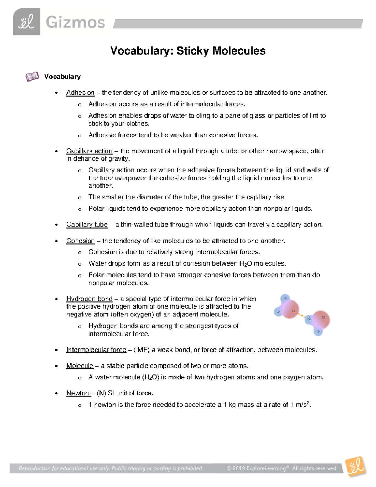 Sticky Molecules Vocabulary: Adhesion, Cohesion, and Capillary Action ...
