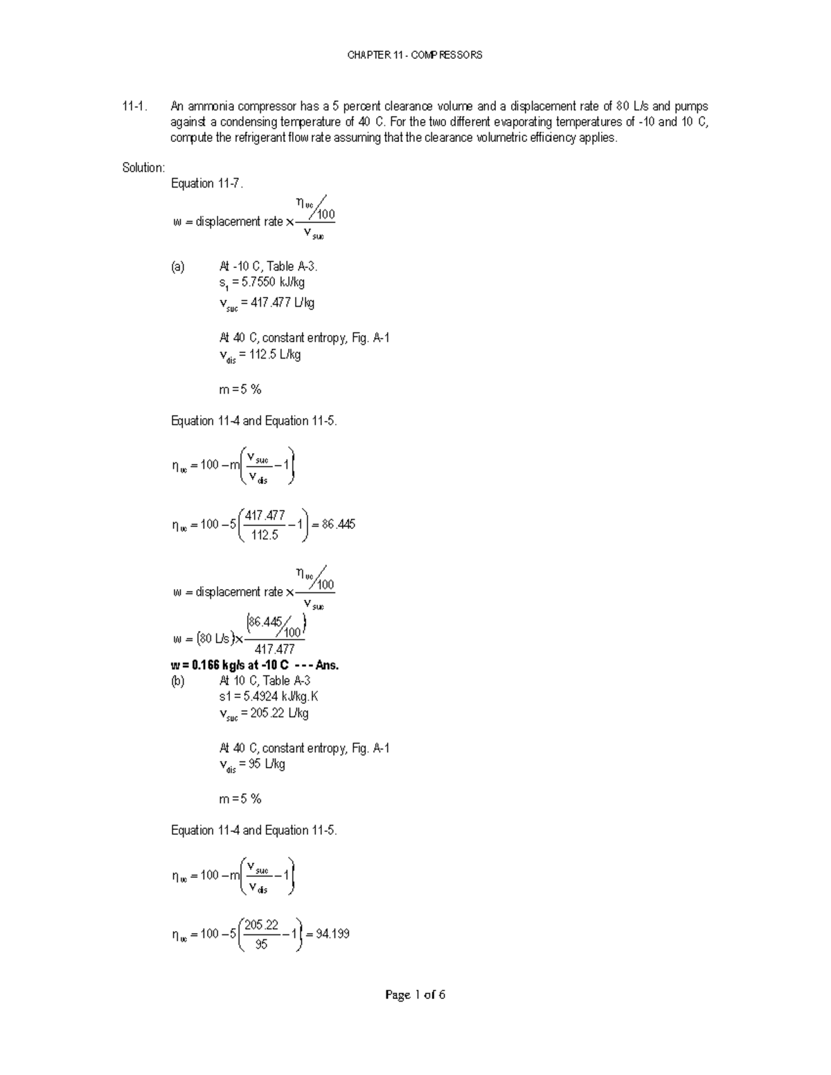 CHAPTER 11 COMPRESSORS: Refrigerant Flow Rate & Efficiency Calculations ...