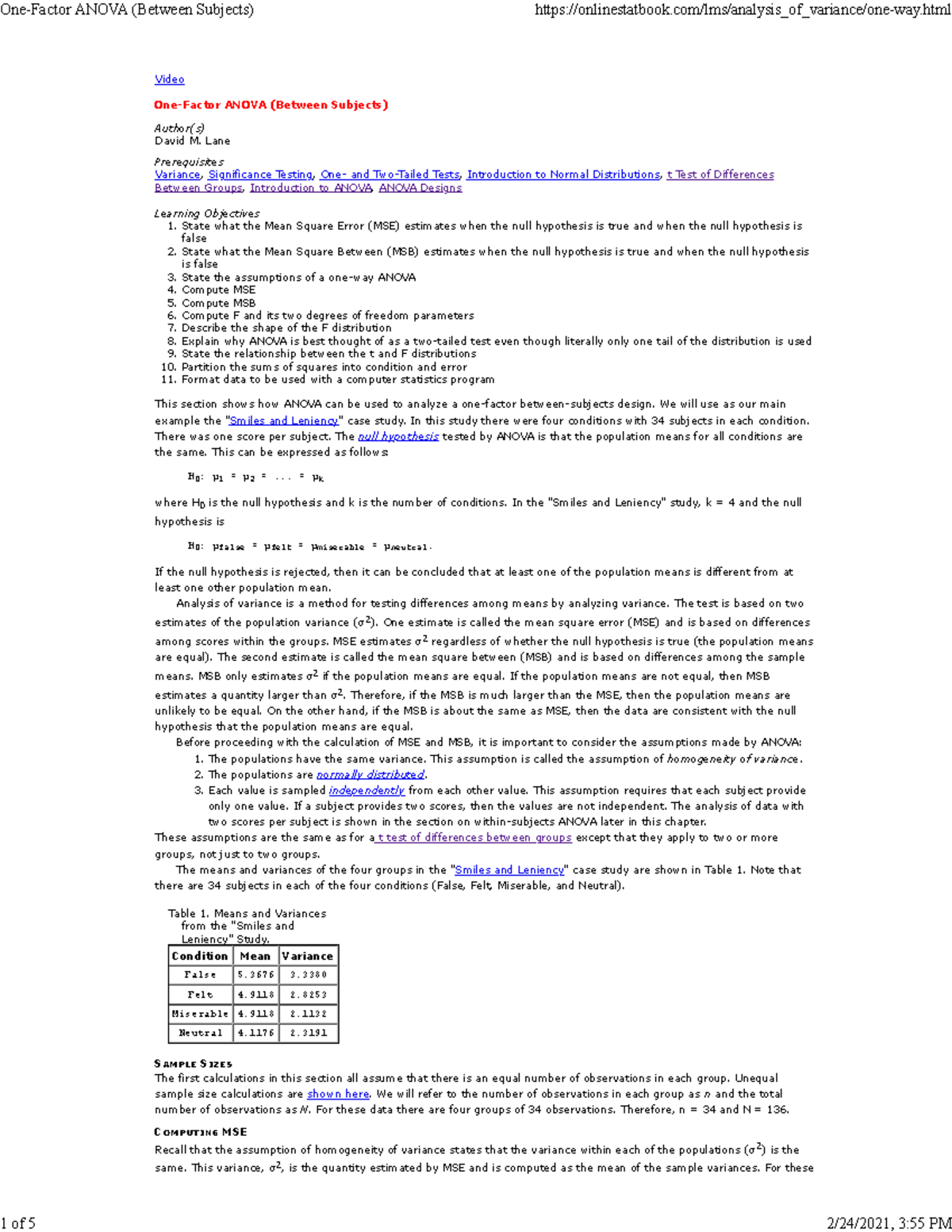 One-Factor ANOVA (Between Subjects) Lecture Notes - Studocu