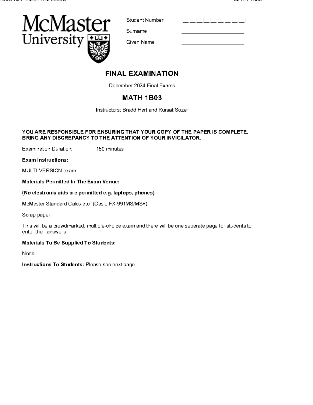 Math 1B03 Final Exam Practice - December 2024 - Studocu