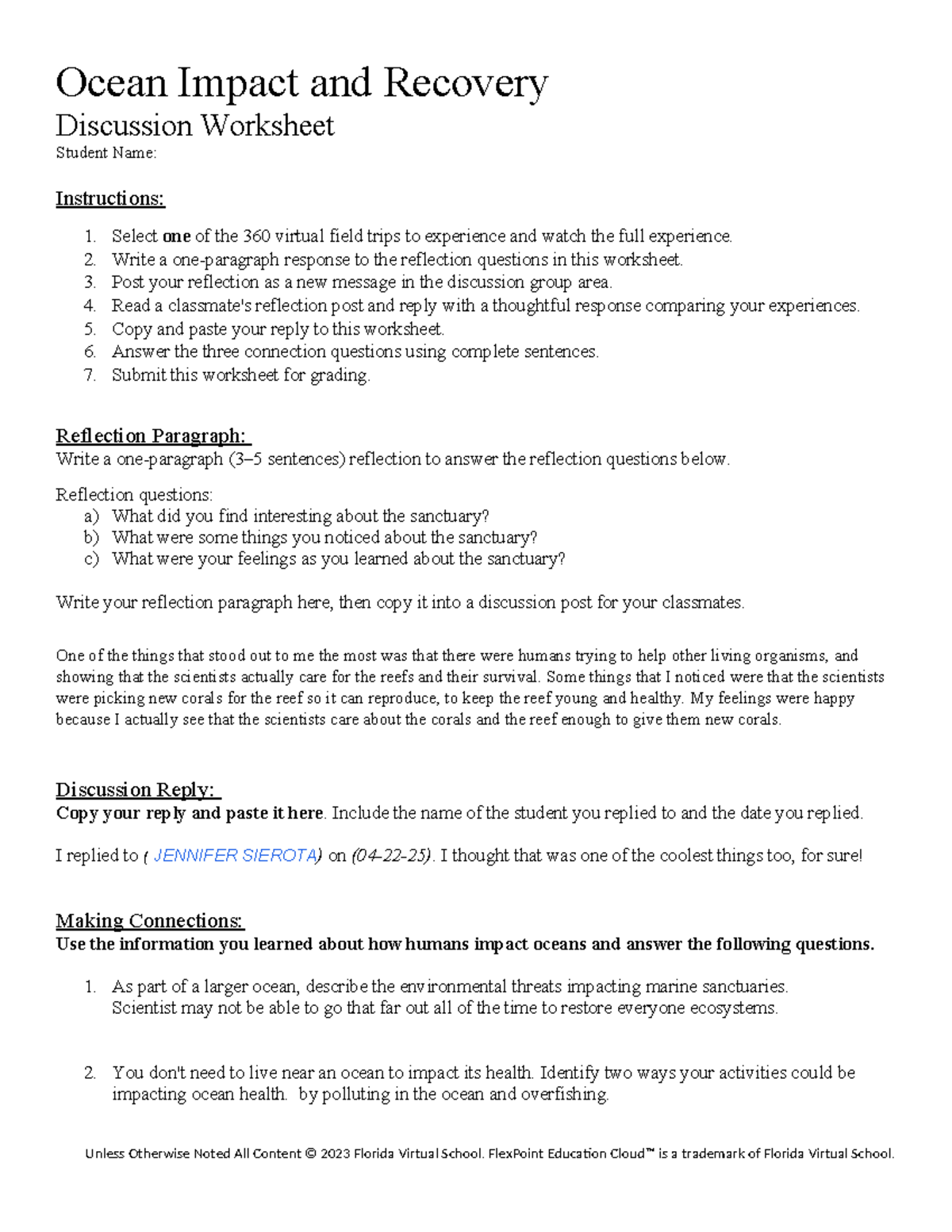 Ocean Impact & Recovery Discussion Worksheet (03 05) - Studocu