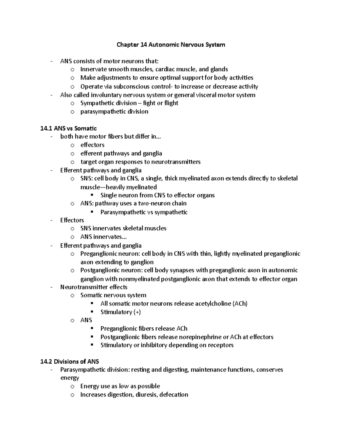Anatomy and Physiology Ch 14: Autonomic Nervous System Overview - Studocu