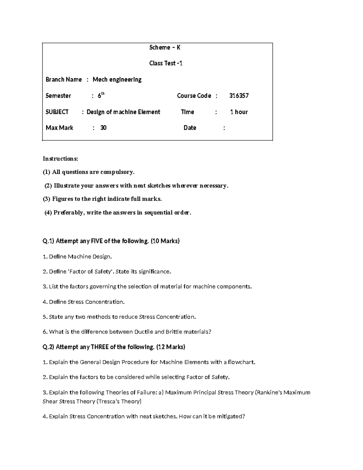 316357 Mech Eng 6th Sem Class Test: Design of Machine Elements - Studocu