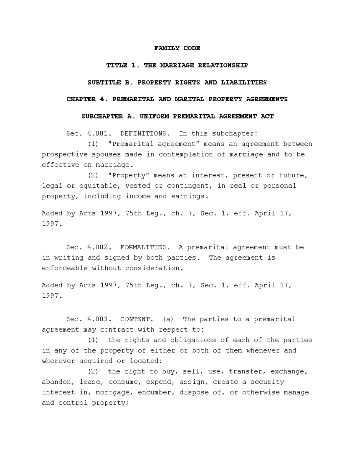 TX Fam Code - Ch 4 - Premarital & Marital Property Agreements - Studocu