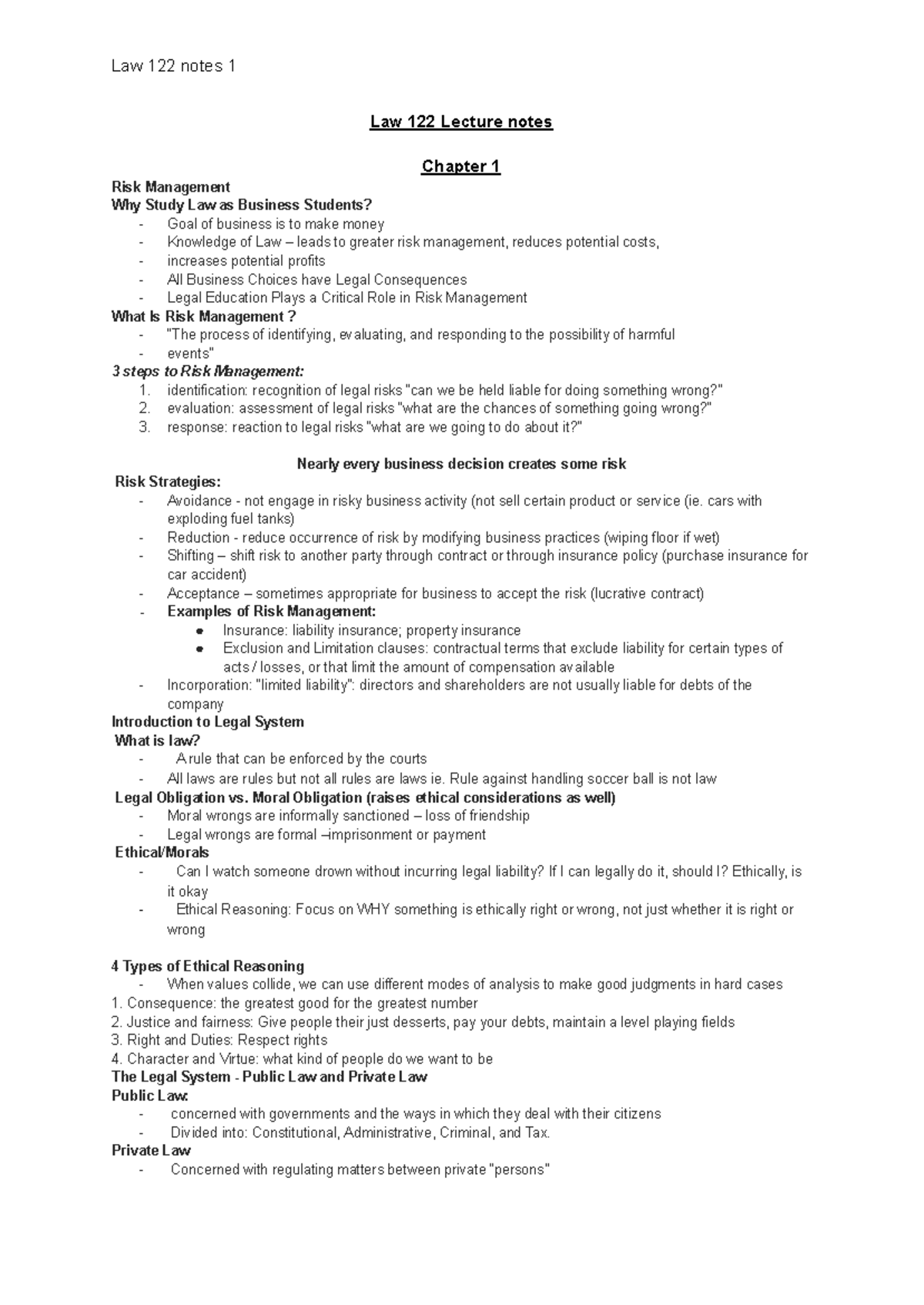 Final exam - Law 122 Lecture notes Chapter 1 Risk Management Why Study ...
